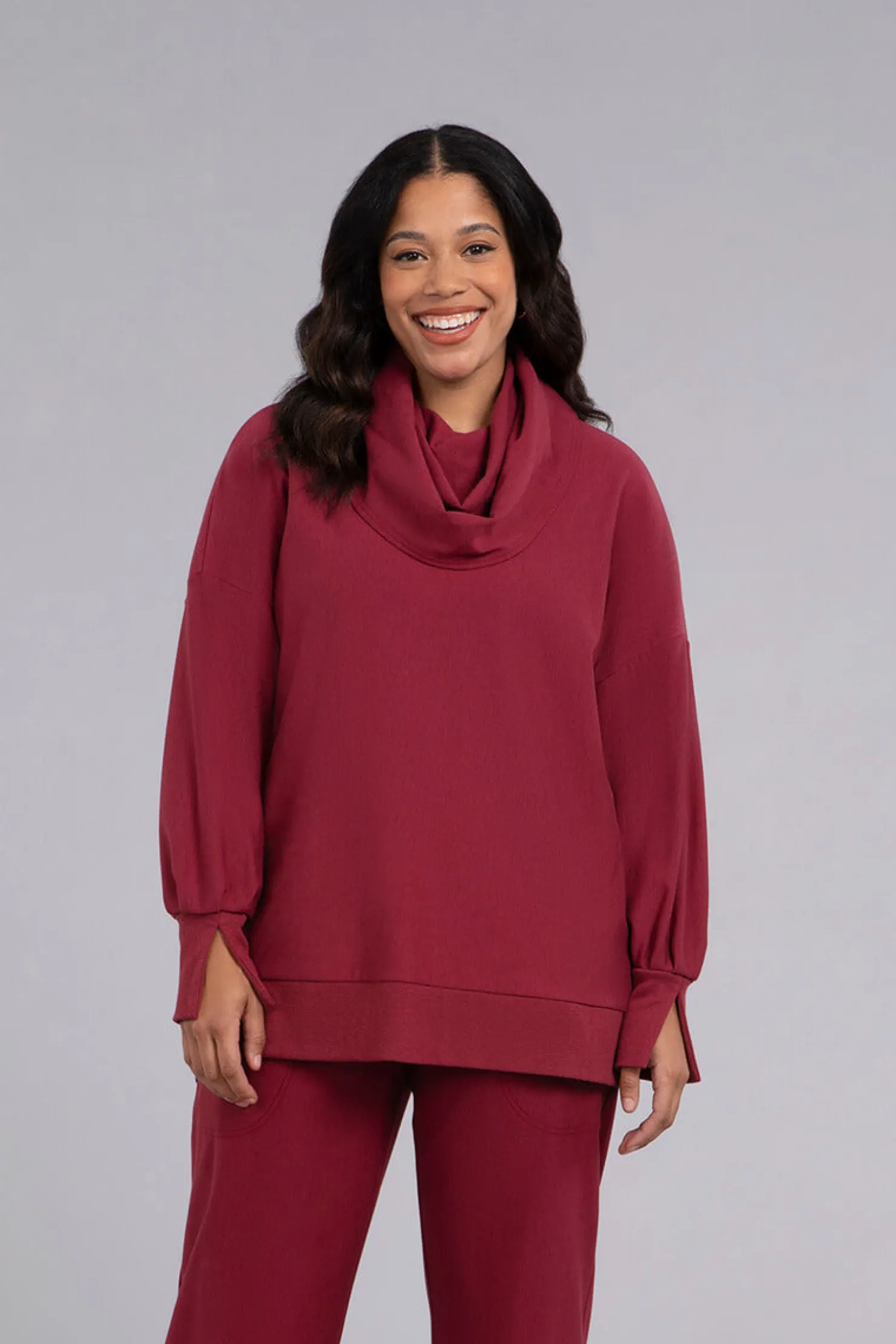 Sympli Tops | Sweaters & Cardigans>Bamboo Fleece Cowl Neck Pleat Sleeve Top Cherry