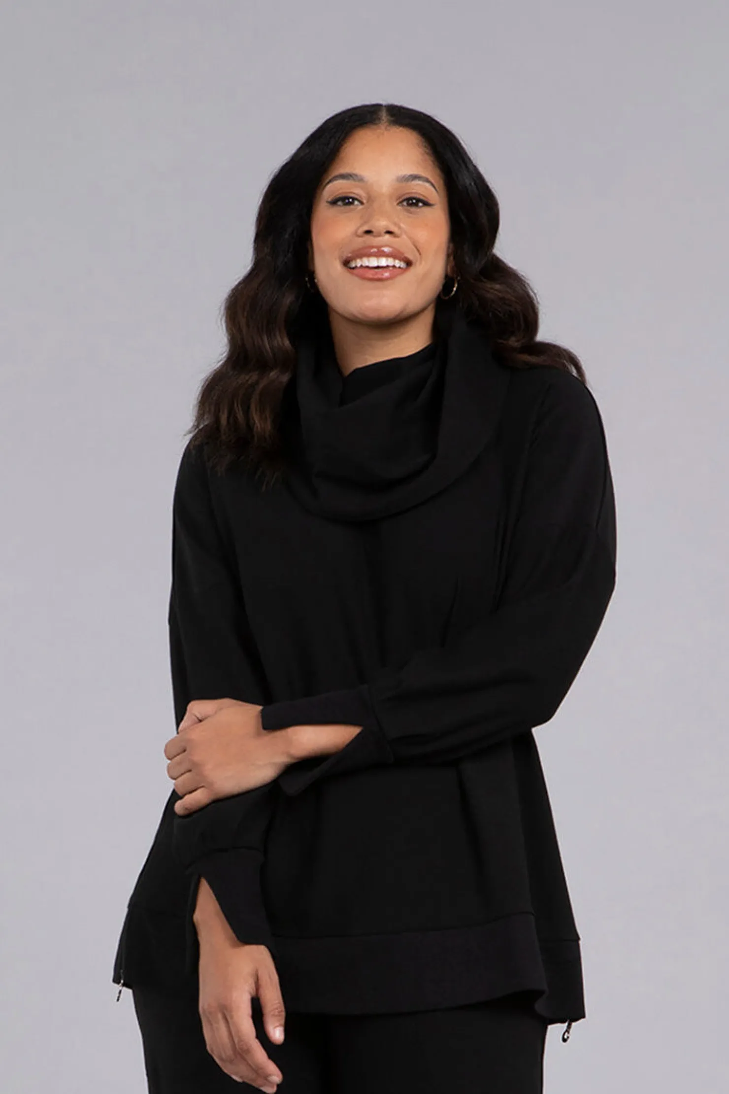 Sympli Tops | Sweaters & Cardigans>Bamboo Fleece Cowl Neck Pleat Sleeve Top Black
