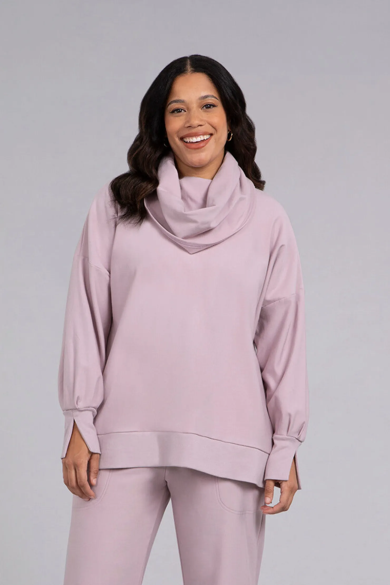 Sympli Tops | Sweaters & Cardigans>Bamboo Fleece Cowl Neck Pleat Sleeve Top Lilac