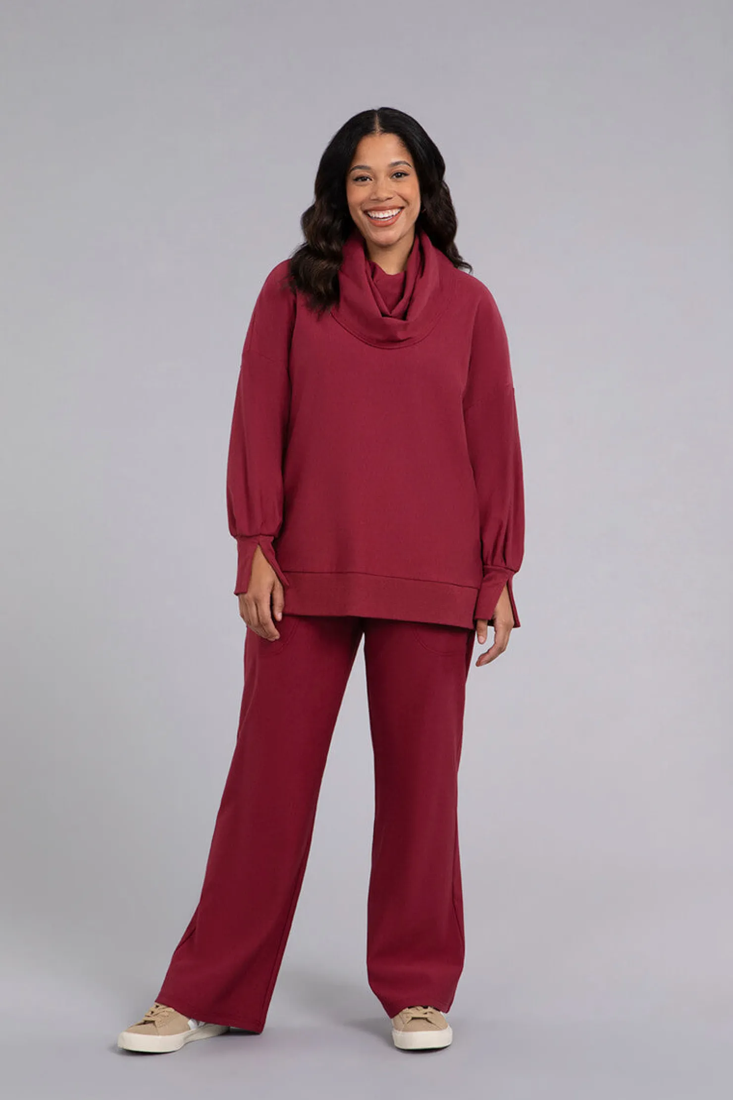 Sympli Tops | Sweaters & Cardigans>Bamboo Fleece Cowl Neck Pleat Sleeve Top Cherry