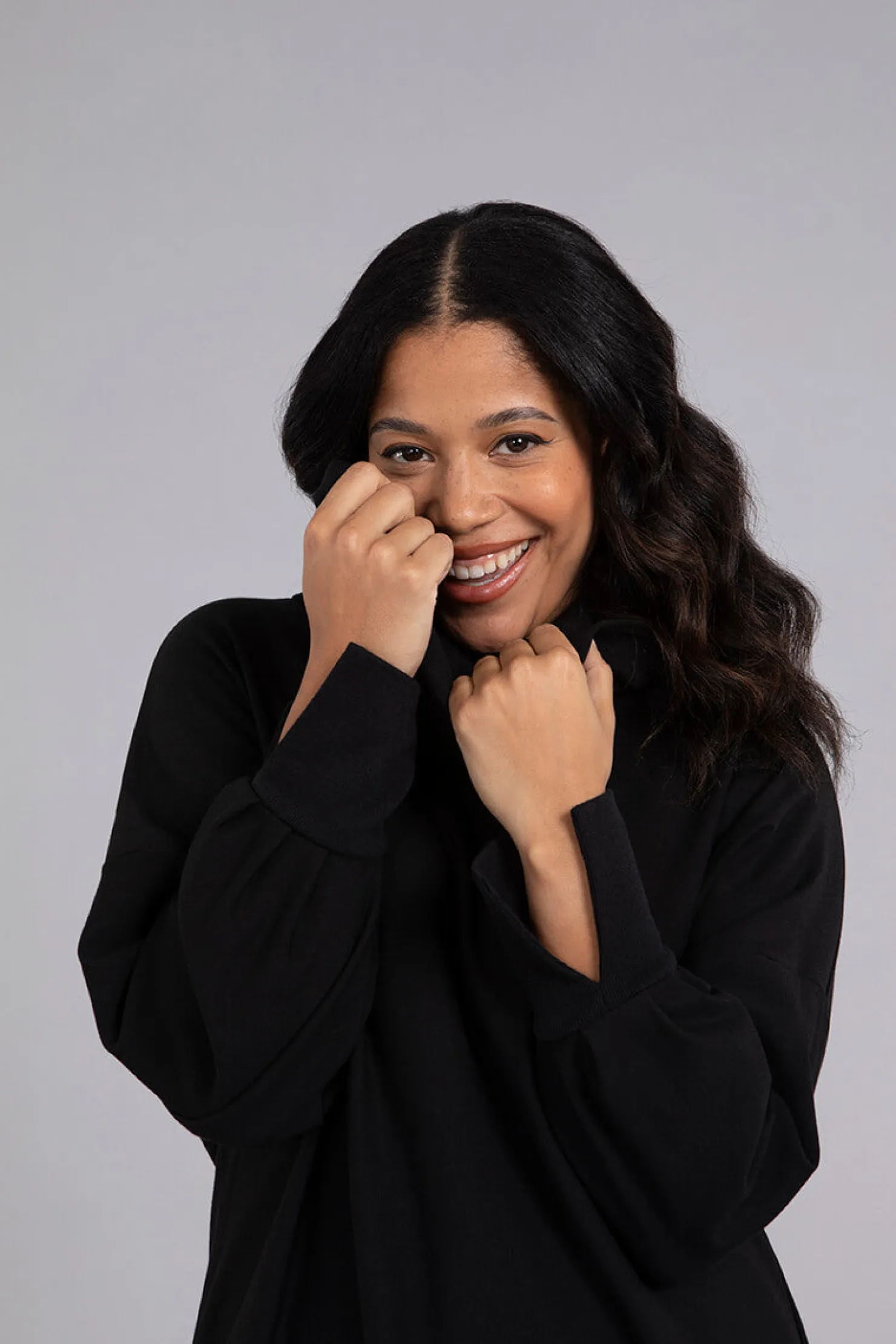 Sympli Tops | Sweaters & Cardigans>Bamboo Fleece Cowl Neck Pleat Sleeve Top Black