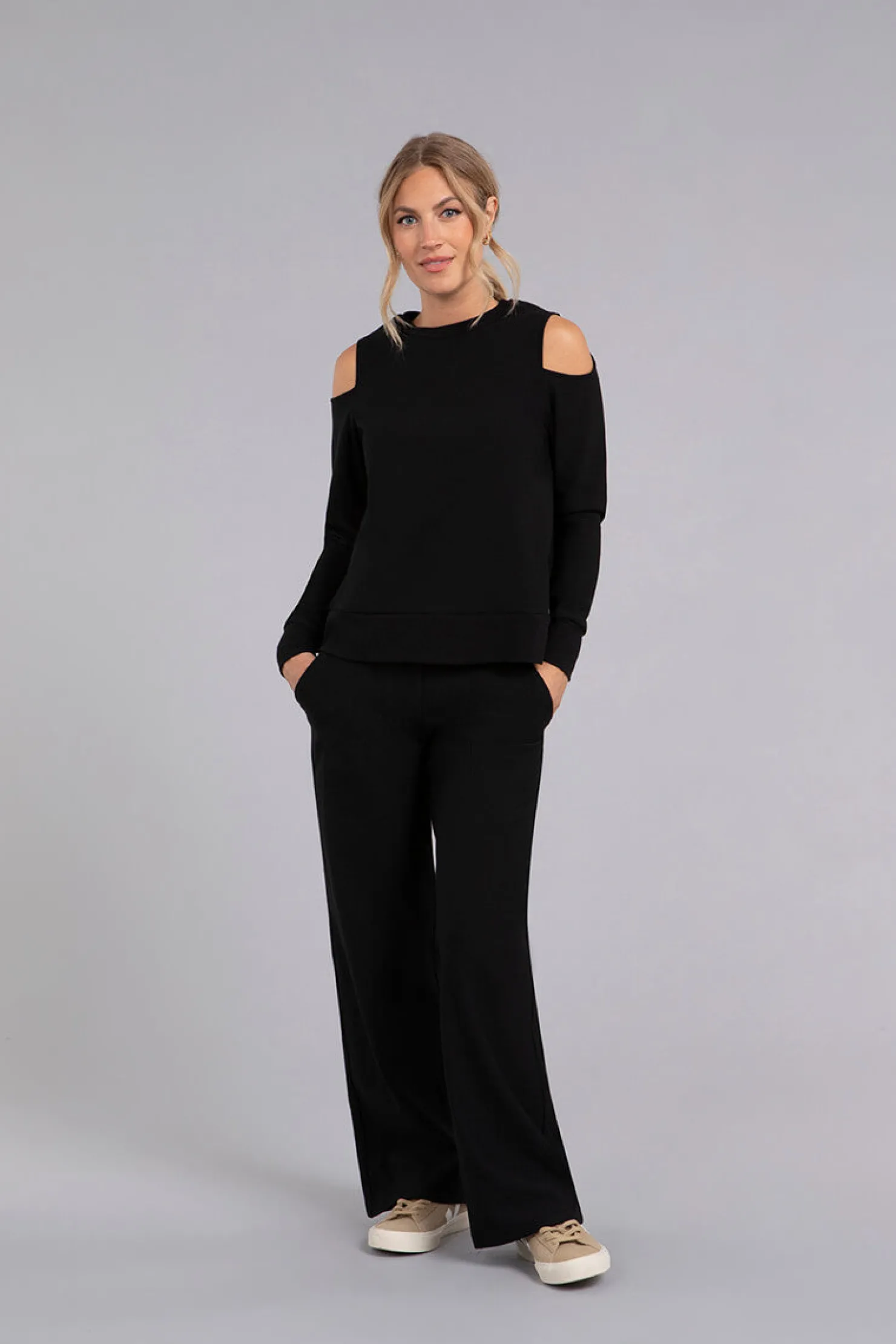 Sympli Sweaters & Cardigans | Tops>Bamboo Fleece Cut Out Shoulder Top Black