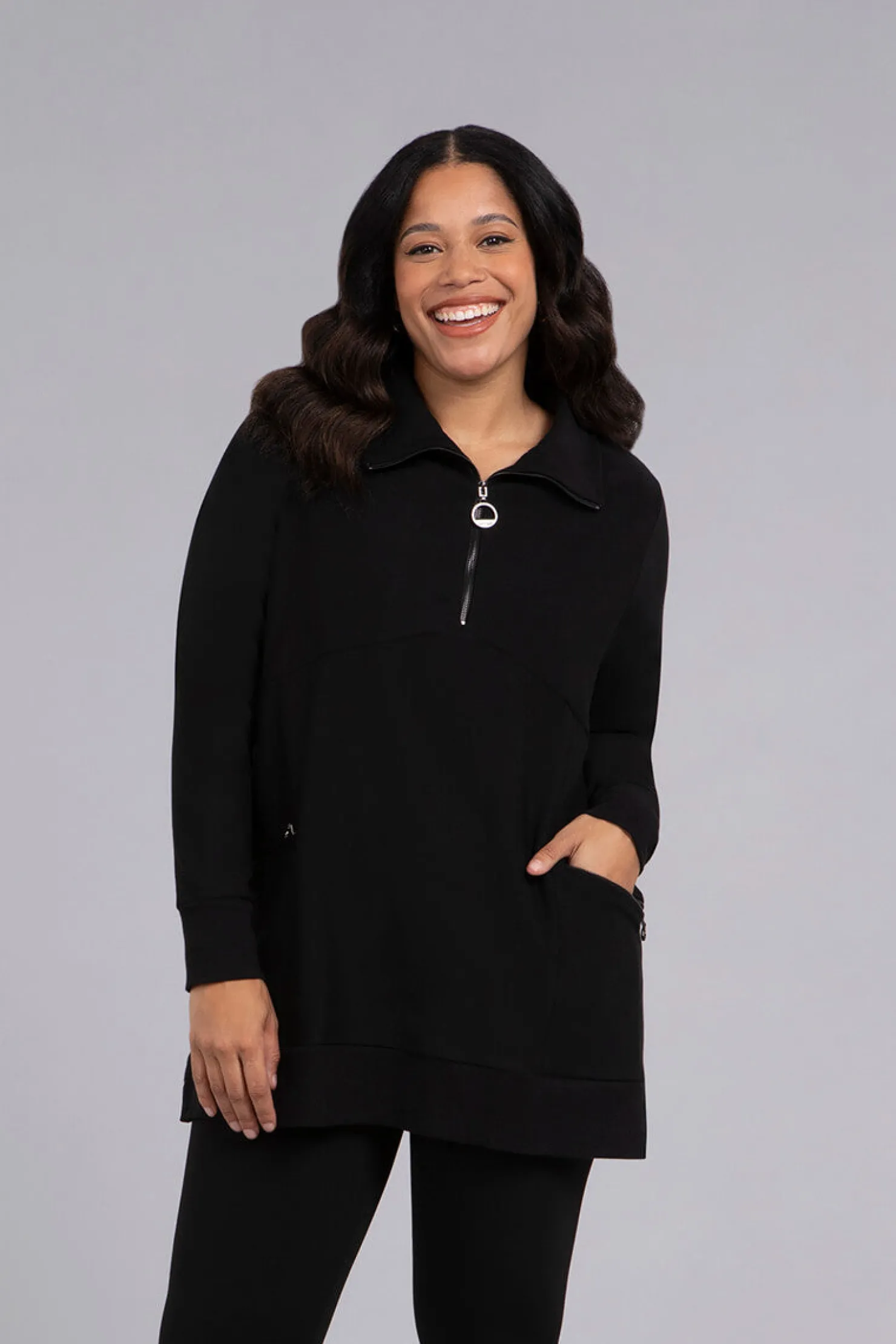 Sympli Tops | Sweaters & Cardigans>Bamboo Fleece Zip Collar Tunic Black