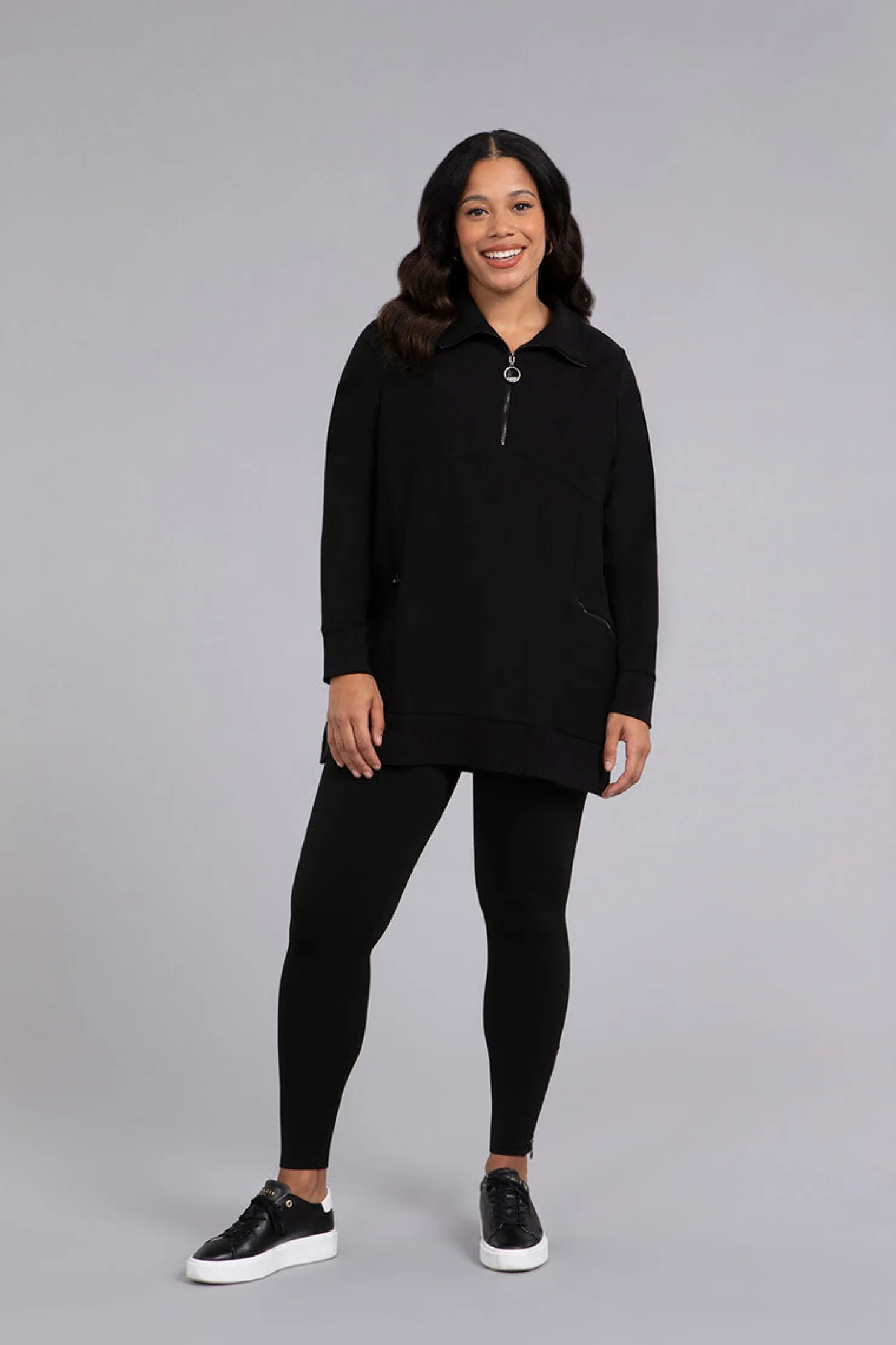 Sympli Tops | Sweaters & Cardigans>Bamboo Fleece Zip Collar Tunic Black