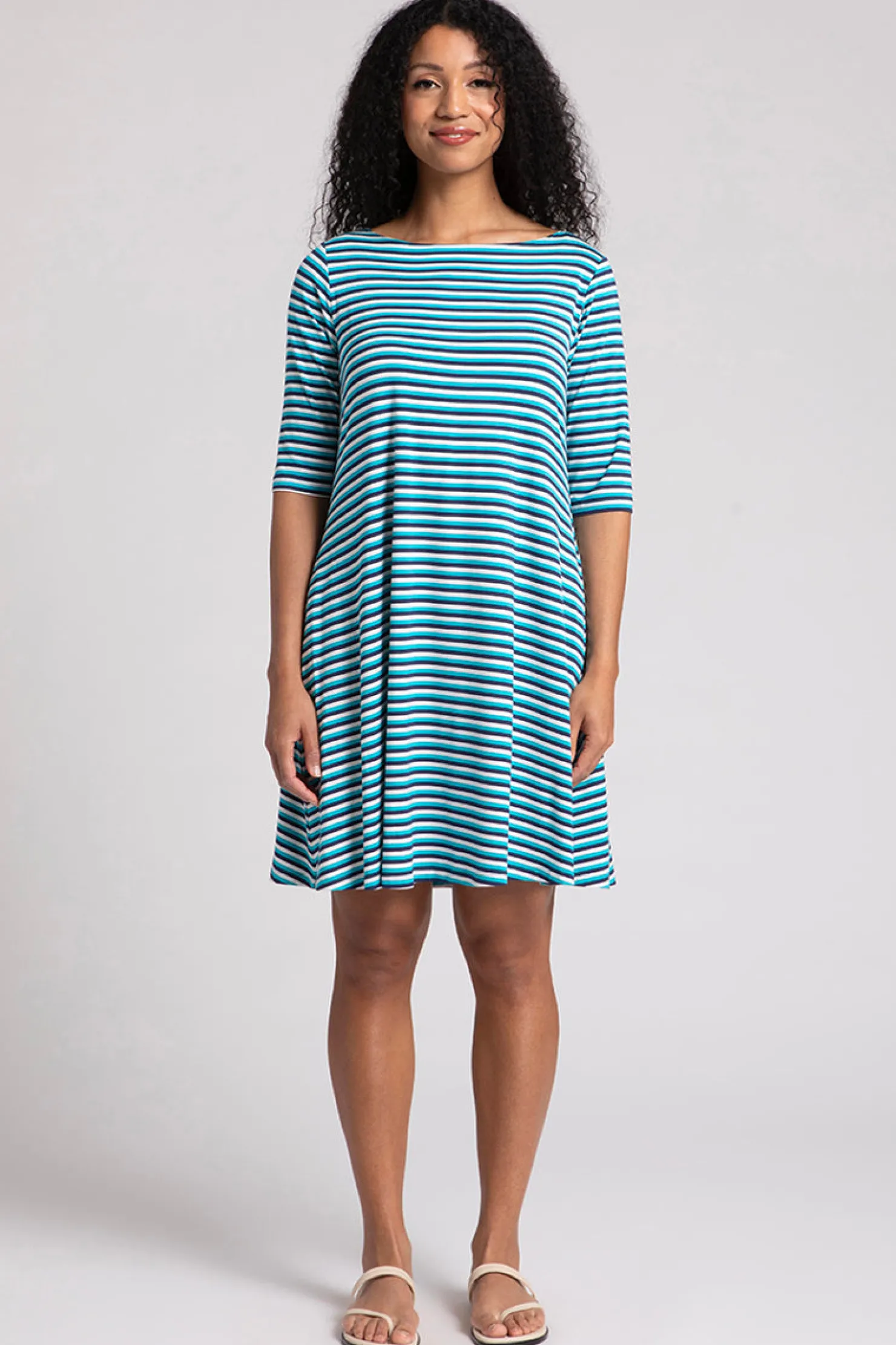 Sympli Dresses>Bamboo Nu Trapeze Dress BlueMulti