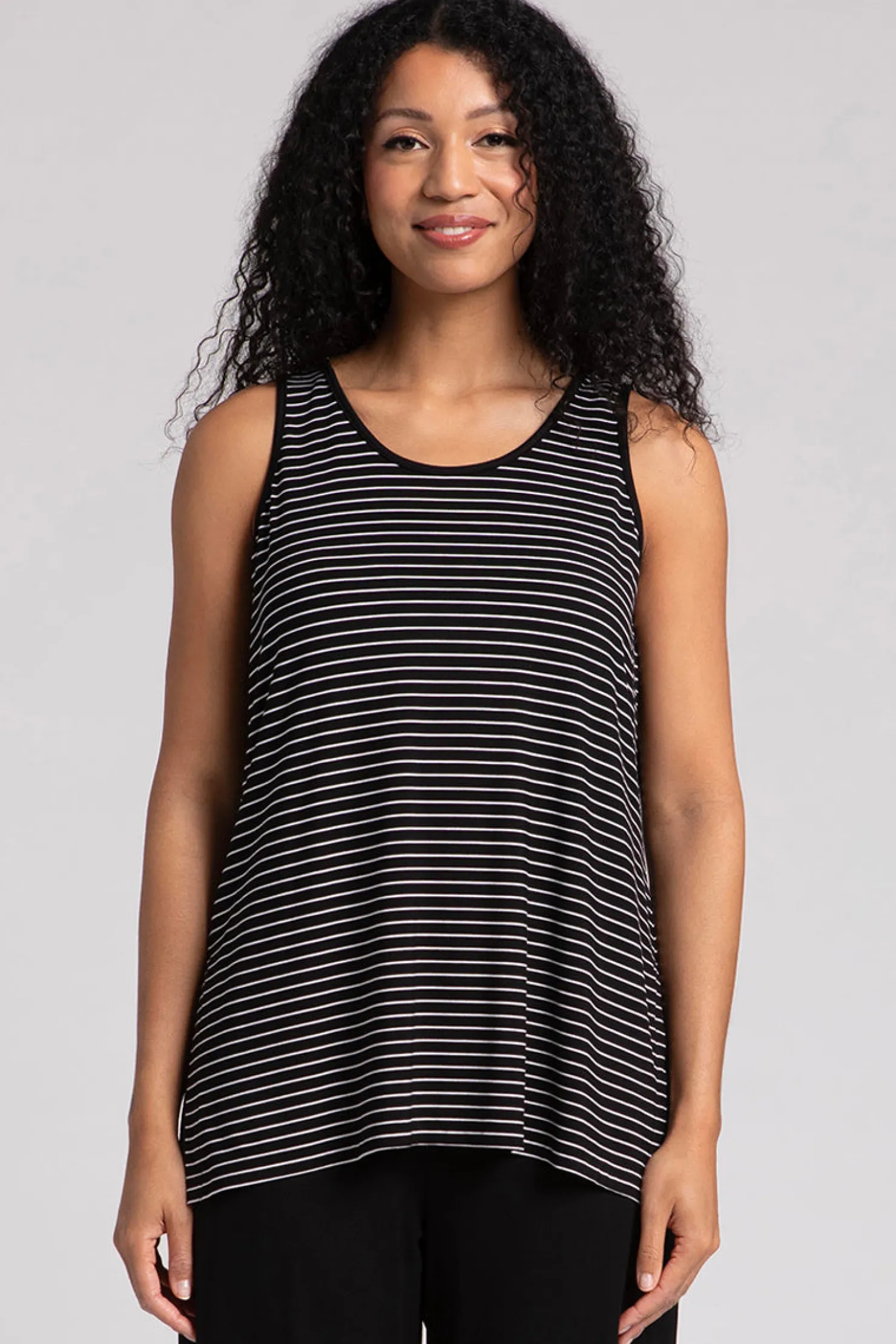 Sympli Tops>Bamboo Reversible Go To Tank Blk/WhtPinstripe