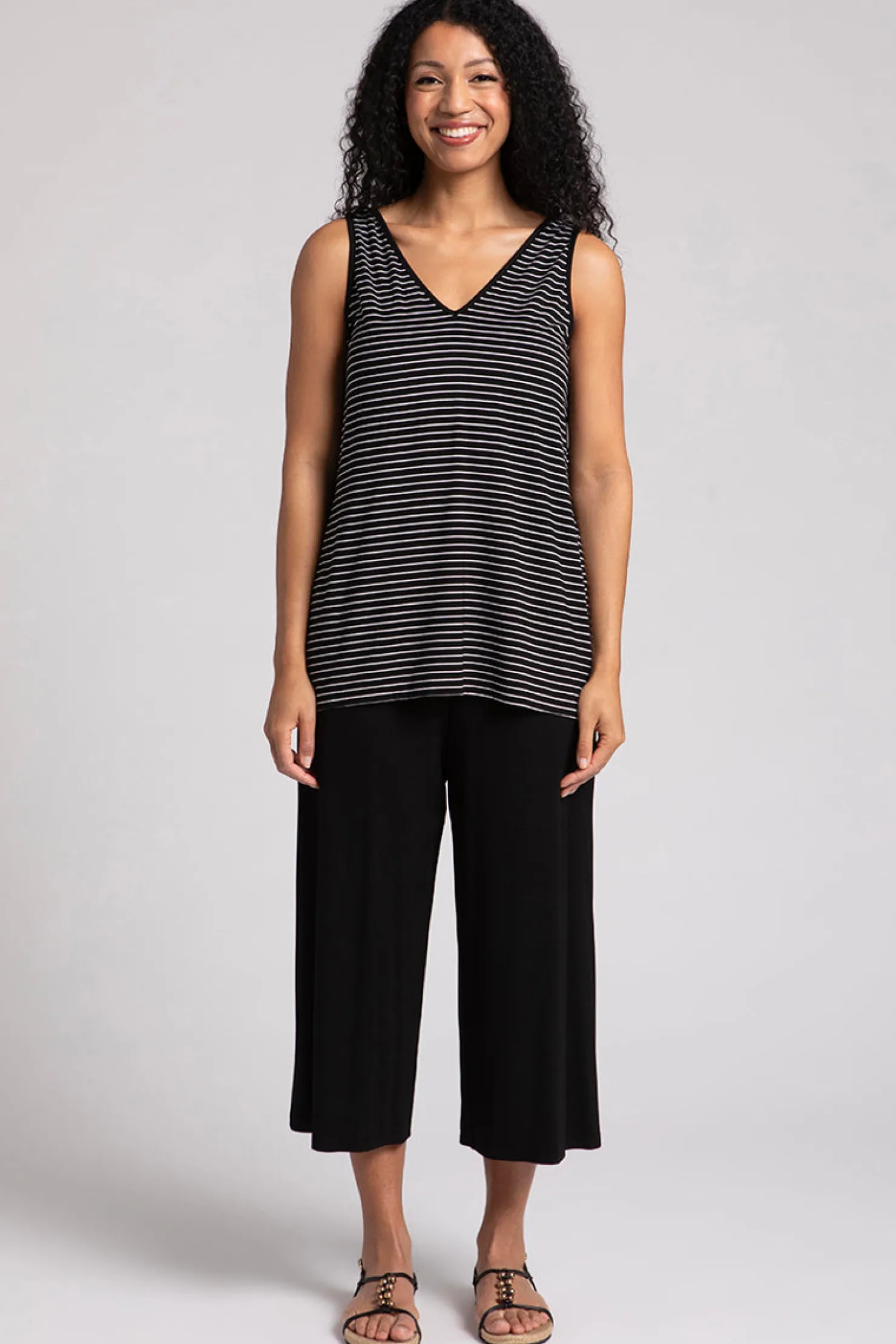 Sympli Tops>Bamboo Reversible Go To Tank Blk/WhtPinstripe