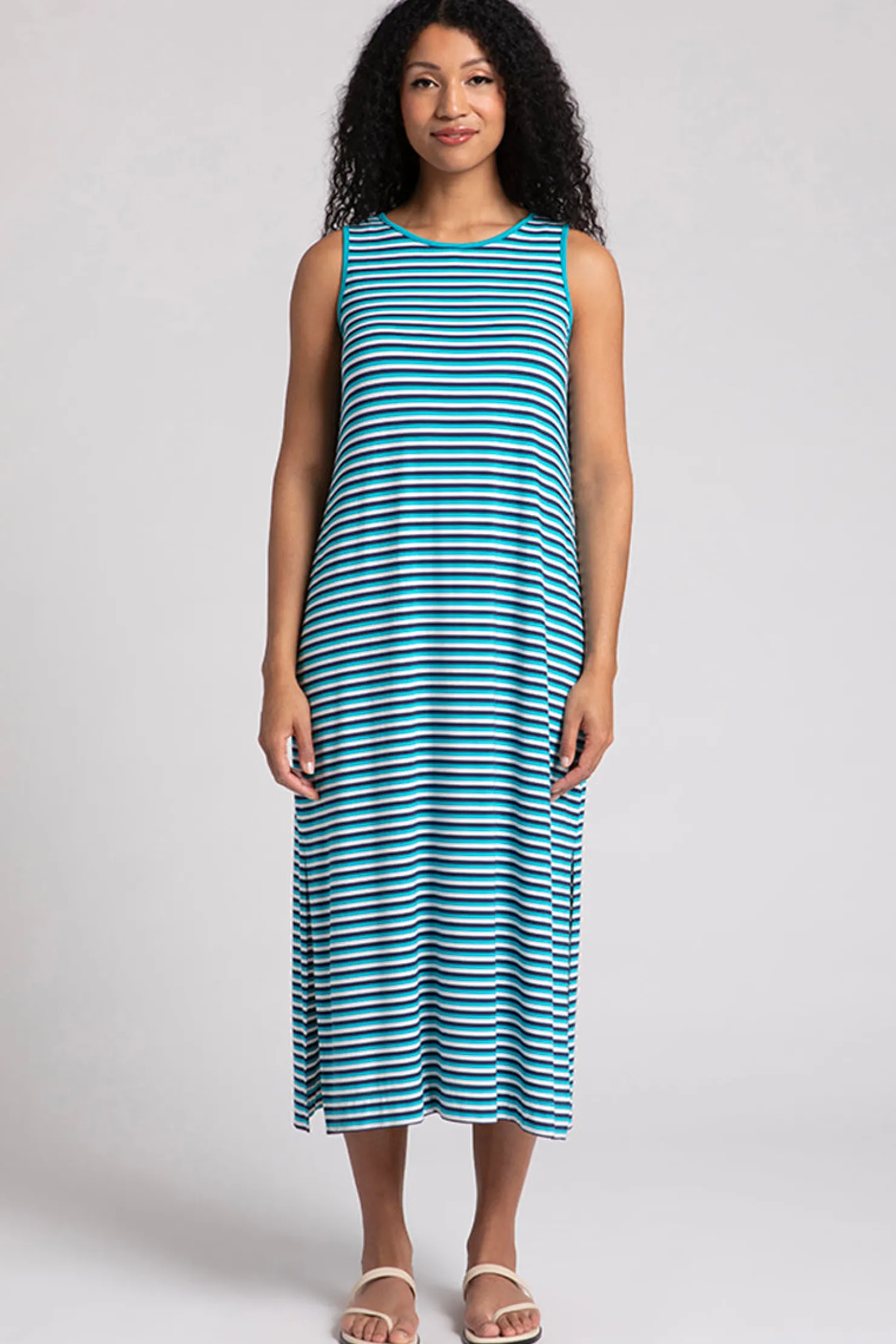Sympli Dresses>Bamboo Reversible Slit Tank Dress BlueMulti