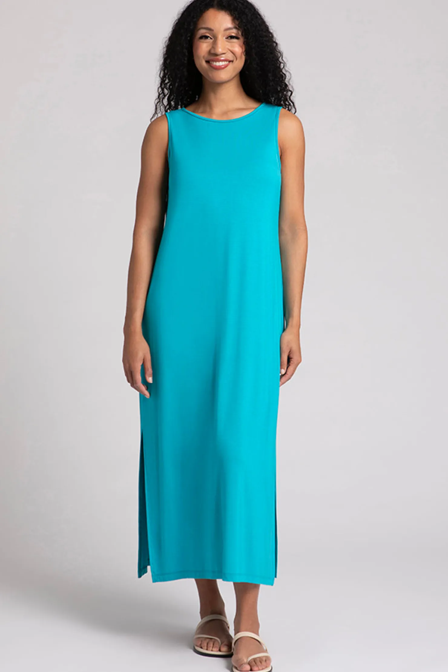 Sympli Dresses>Bamboo Reversible Slit Tank Dress Turquoise