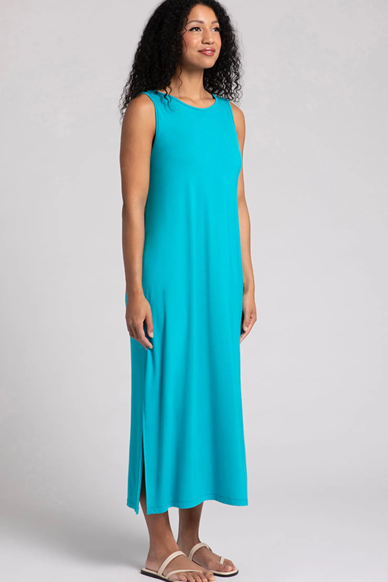 Sympli Dresses>Bamboo Reversible Slit Tank Dress Turquoise