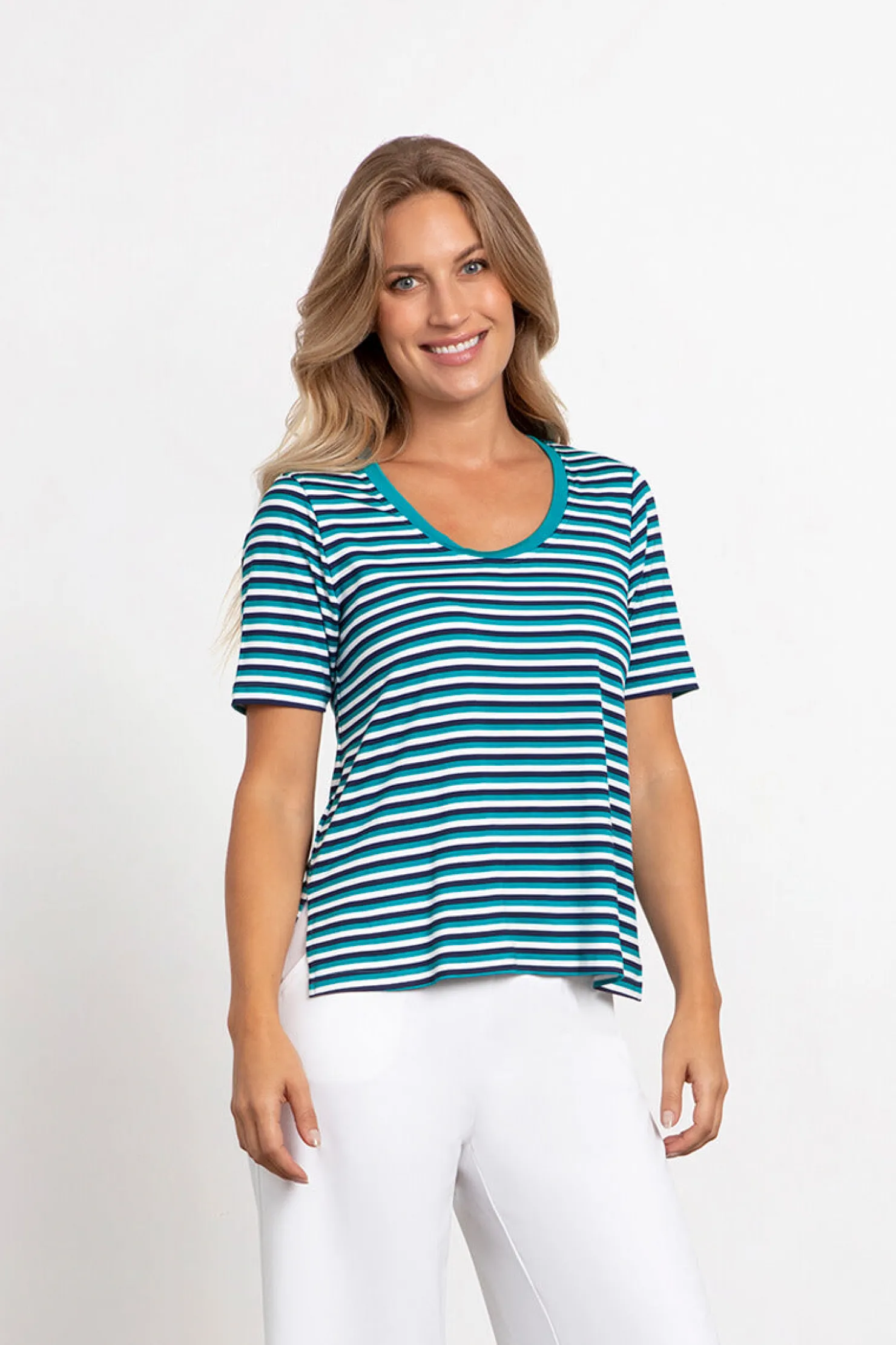 Sympli Tops>Bamboo Scoop Neck T BlueMulti
