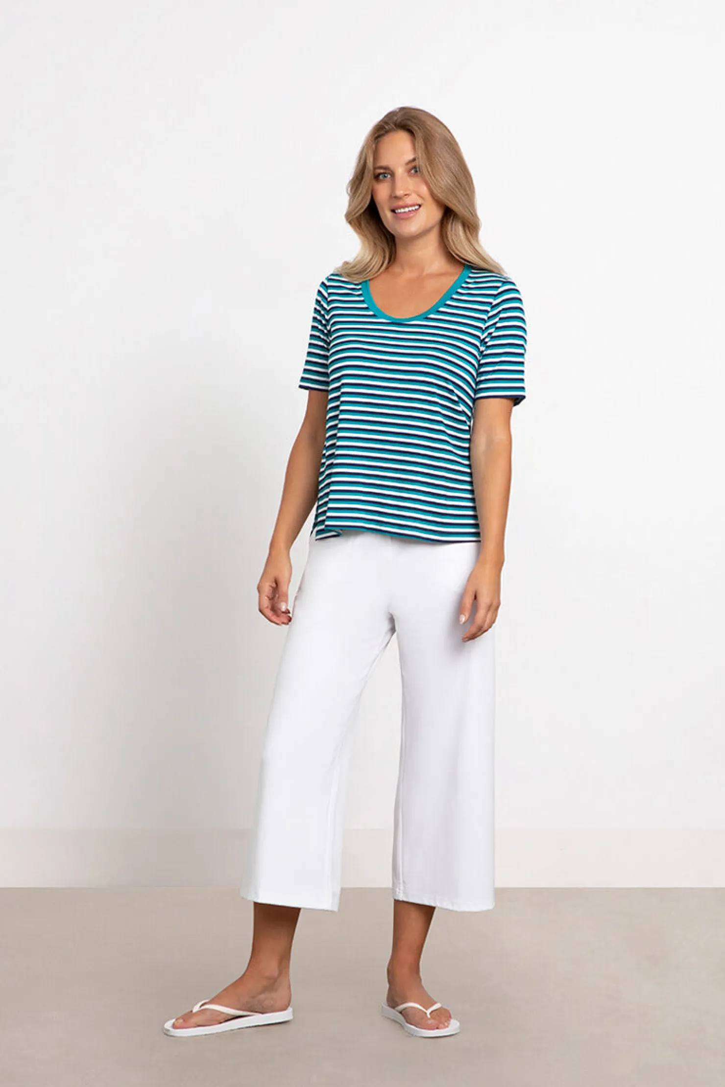 Sympli Tops>Bamboo Scoop Neck T BlueMulti