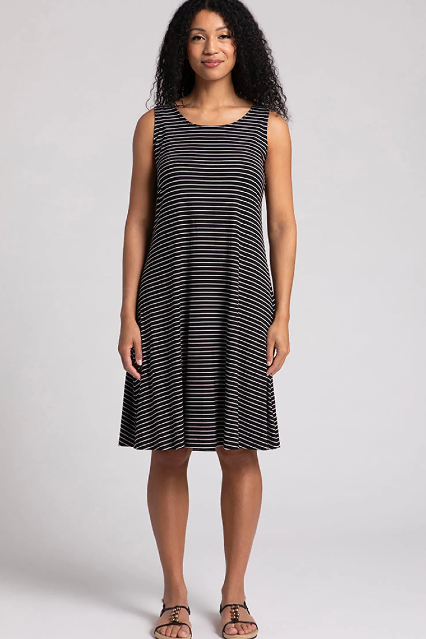 Sympli Dresses>Bamboo Tank Dress Short Blk/WhtPinstripe