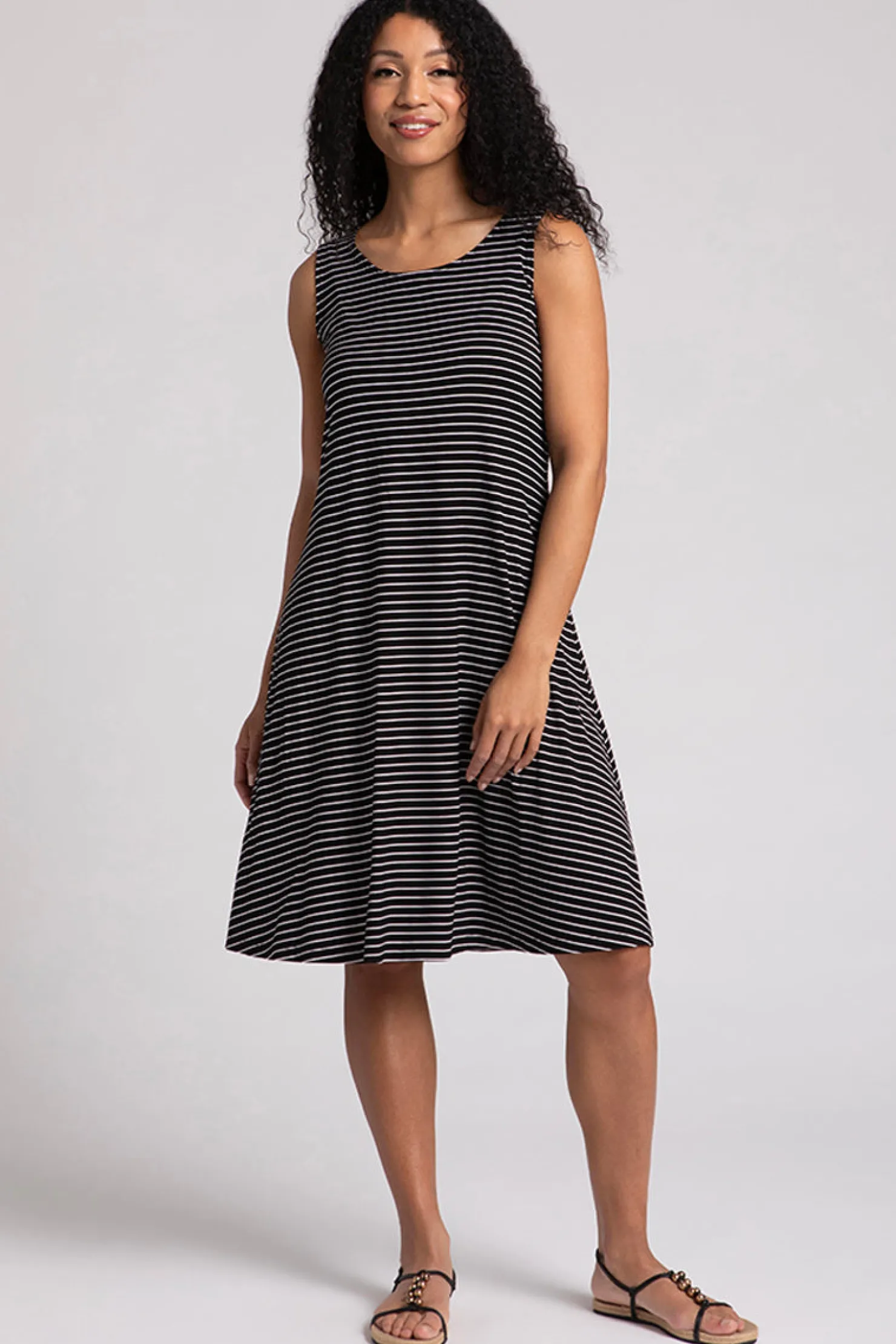 Sympli Dresses>Bamboo Tank Dress Short Blk/WhtPinstripe