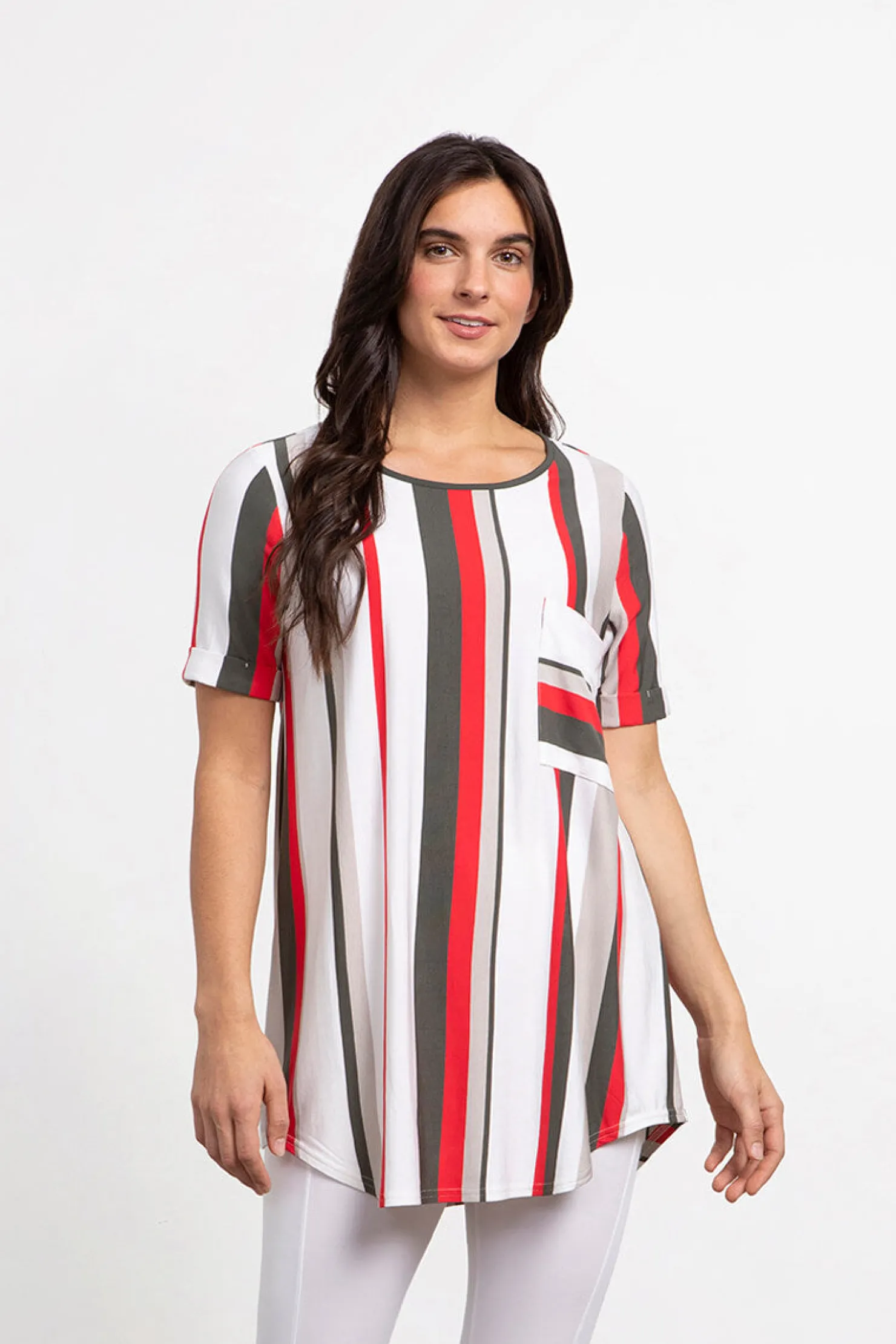 Sympli Tops>Bamboo T-Shirt Pocket Tunic WhiteMulti