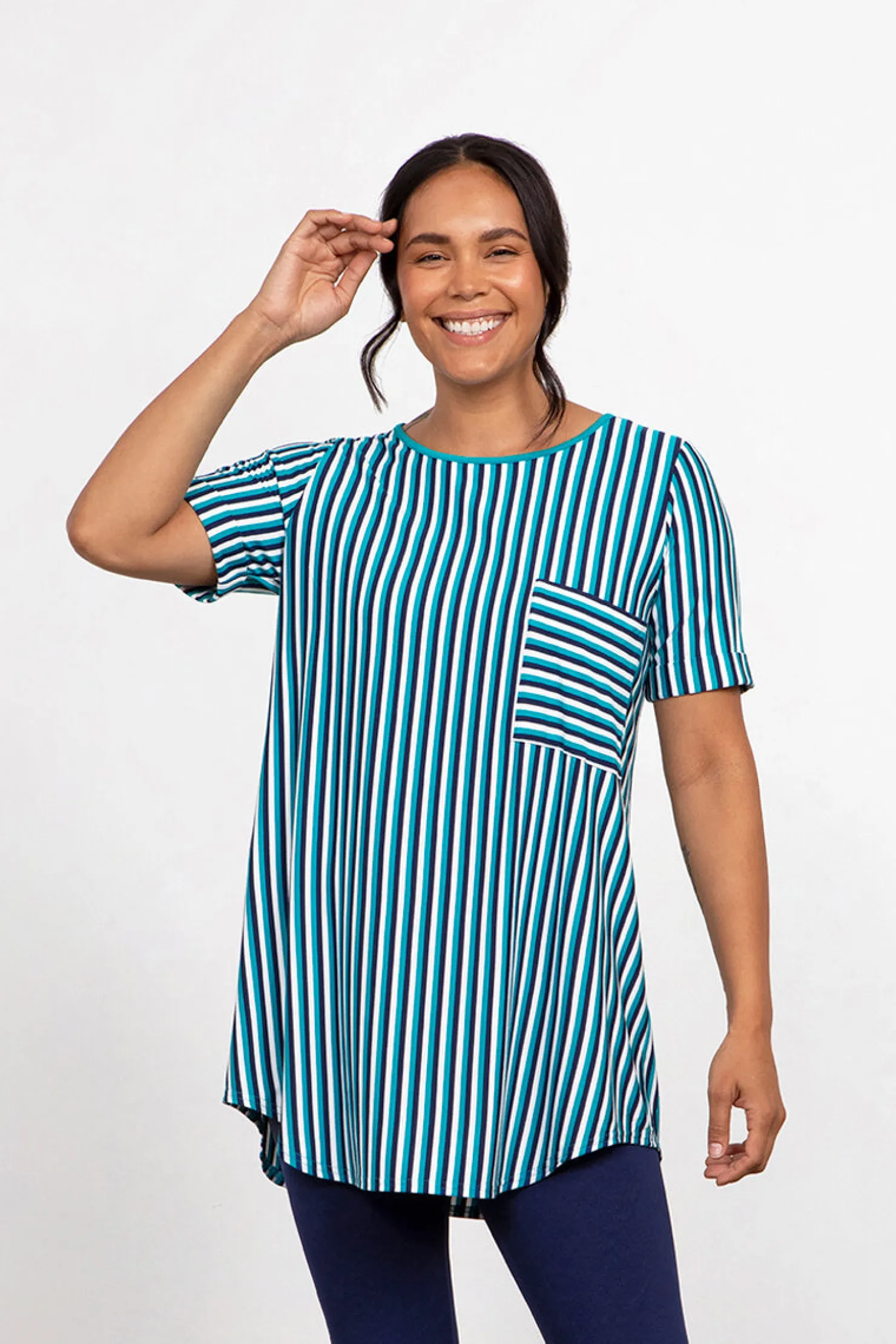 Sympli Tops>Bamboo T-Shirt Pocket Tunic BlueMulti