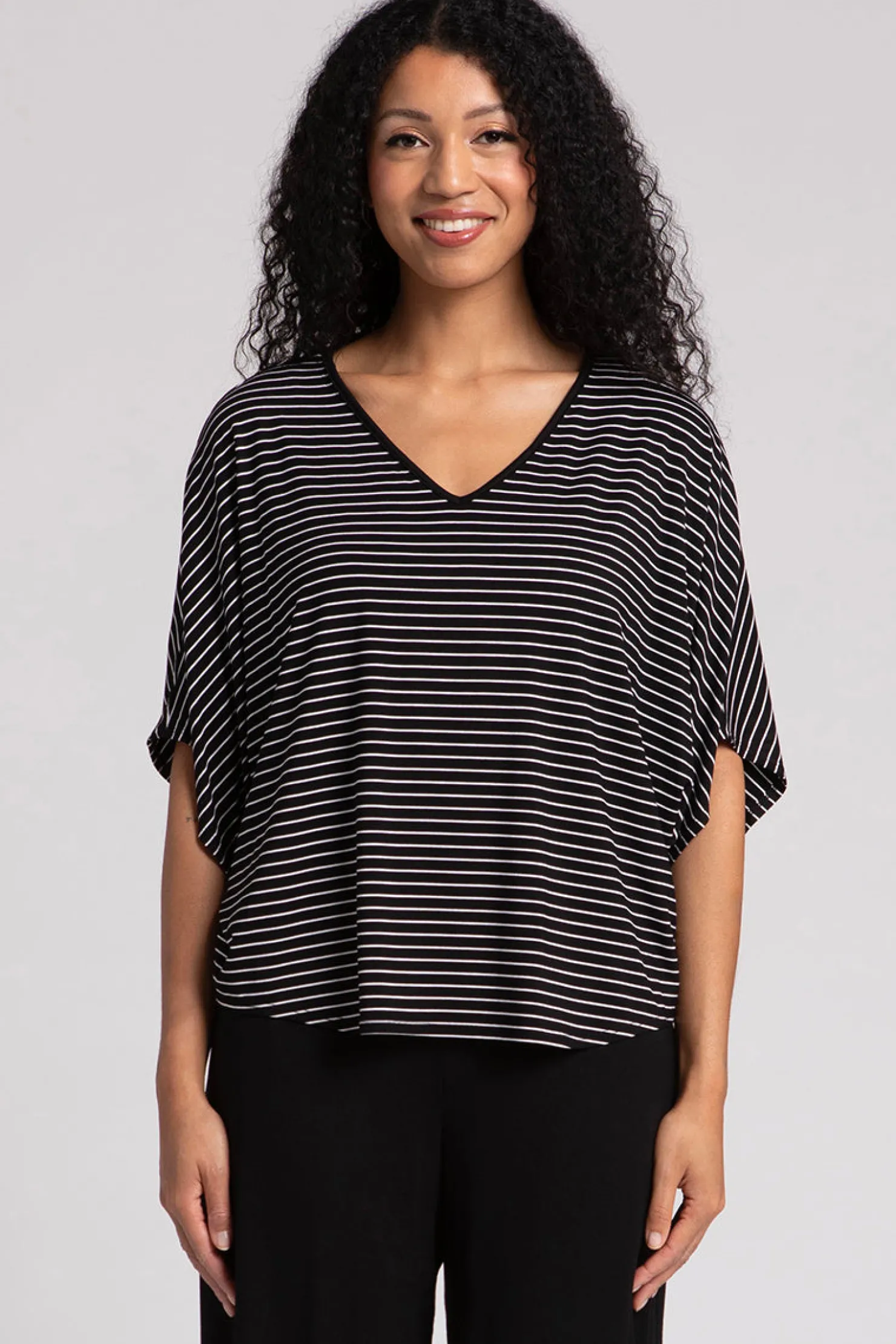 Sympli Tops>Bamboo V-Neck Dolman Top Blk/WhtPinstripe