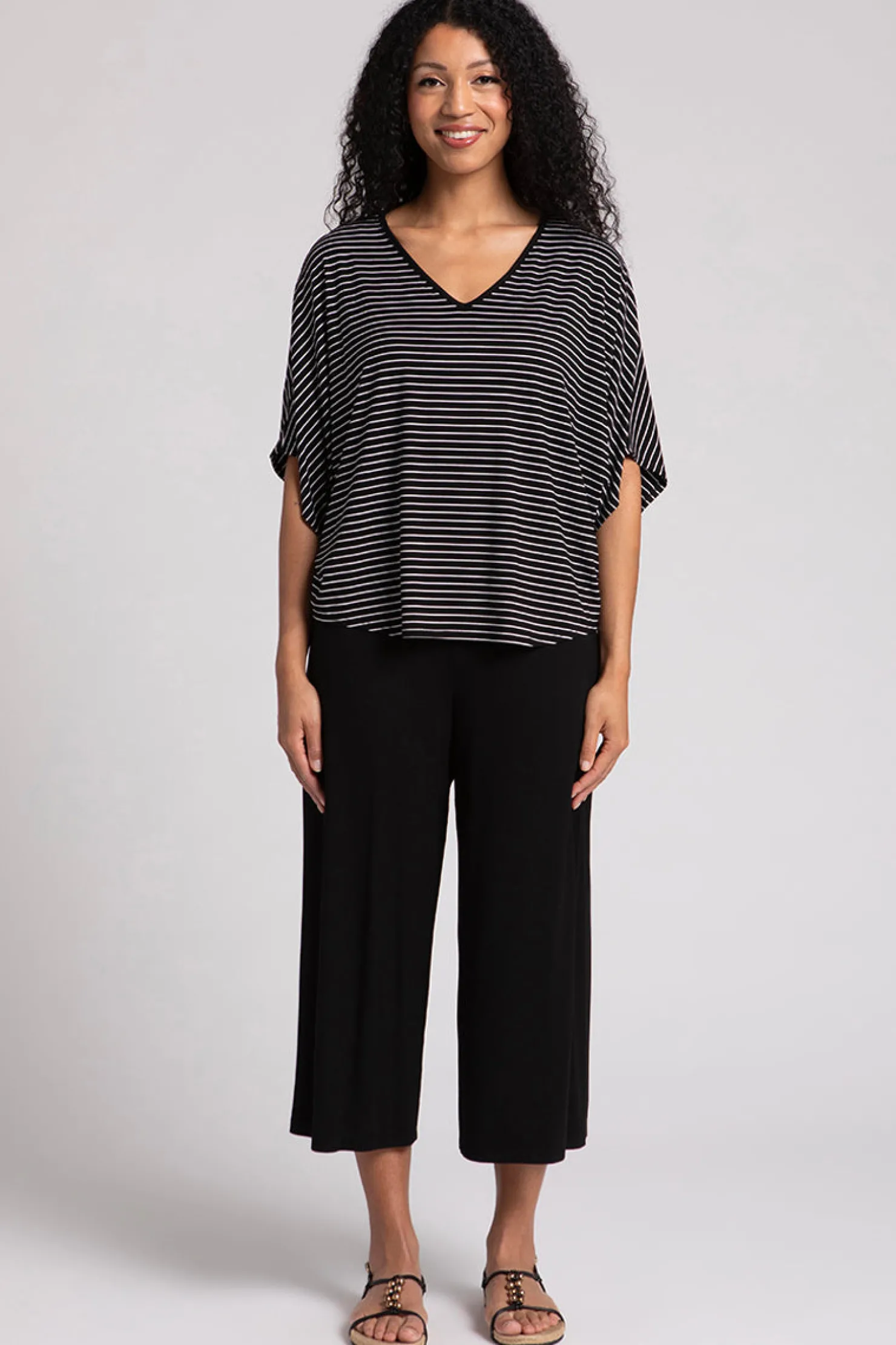 Sympli Tops>Bamboo V-Neck Dolman Top Blk/WhtPinstripe