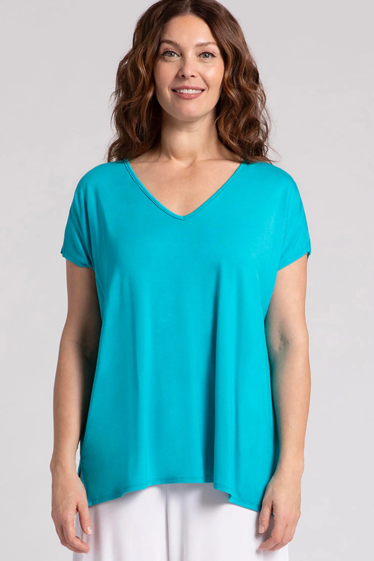 Sympli Tops>Bamboo V-Neck Slit Sleeve Top Turquoise