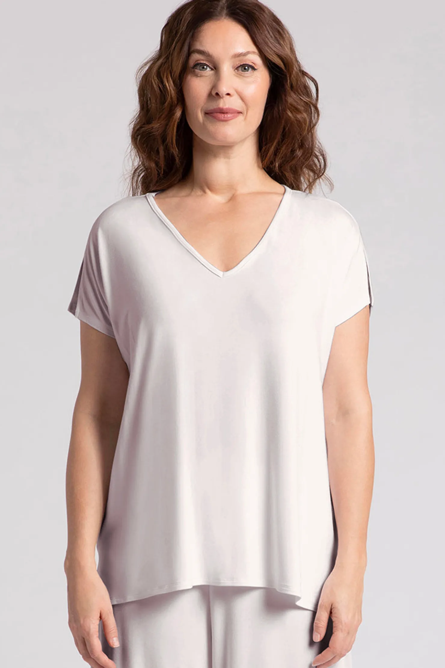 Sympli Tops>Bamboo V-Neck Slit Sleeve Top Cashew