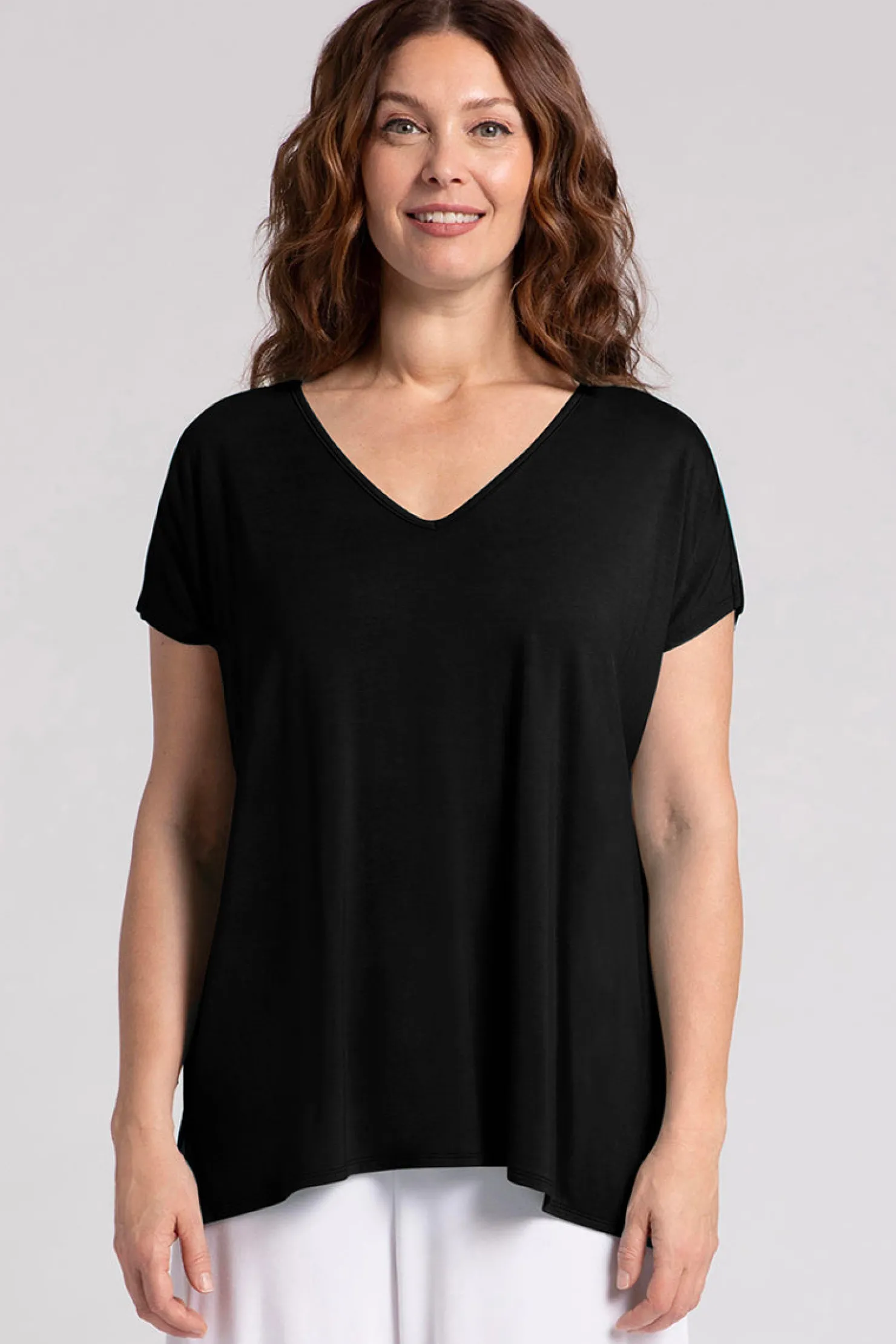 Sympli Tops>Bamboo V-Neck Slit Sleeve Top Black