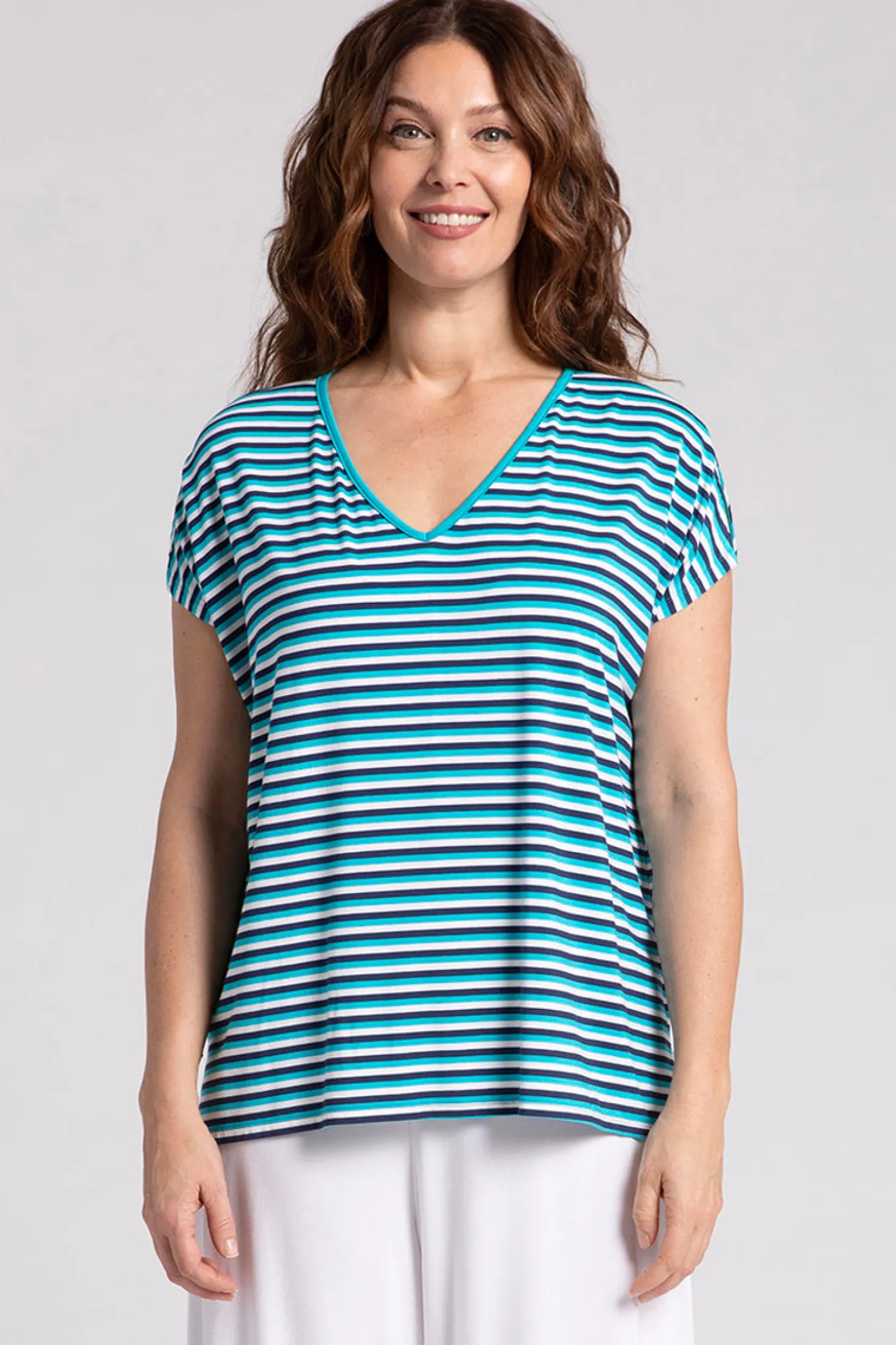 Sympli Tops>Bamboo V-Neck Slit Sleeve Top BlueMulti