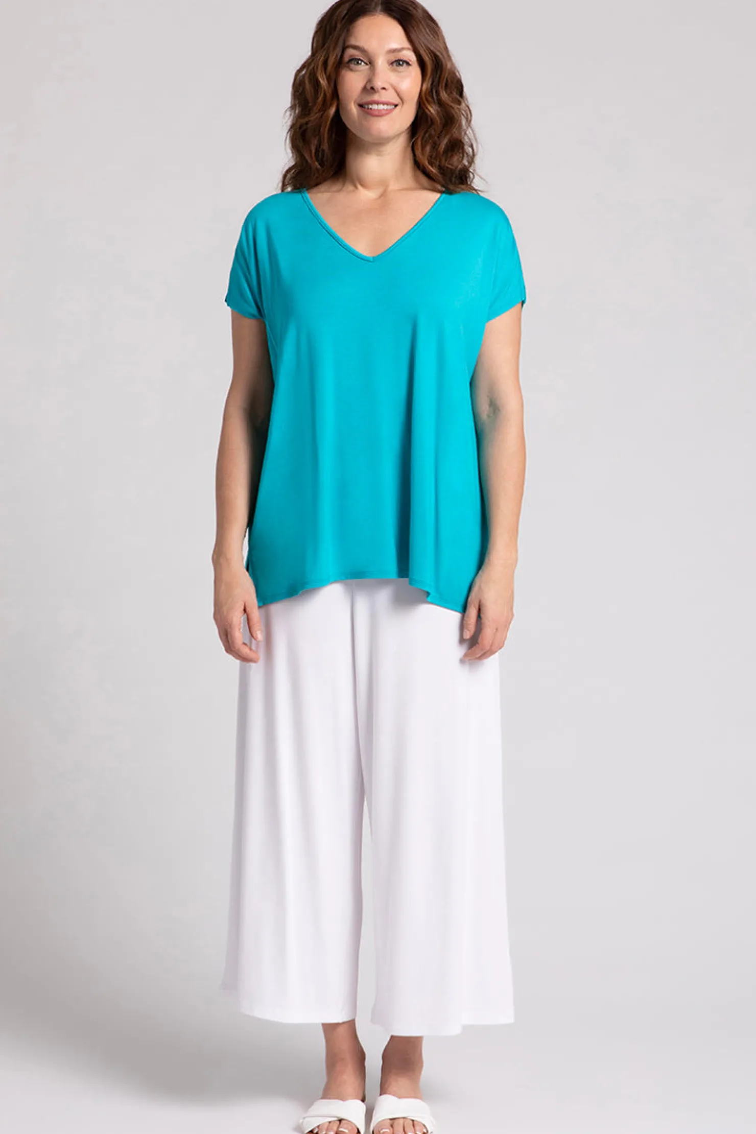 Sympli Tops>Bamboo V-Neck Slit Sleeve Top Turquoise