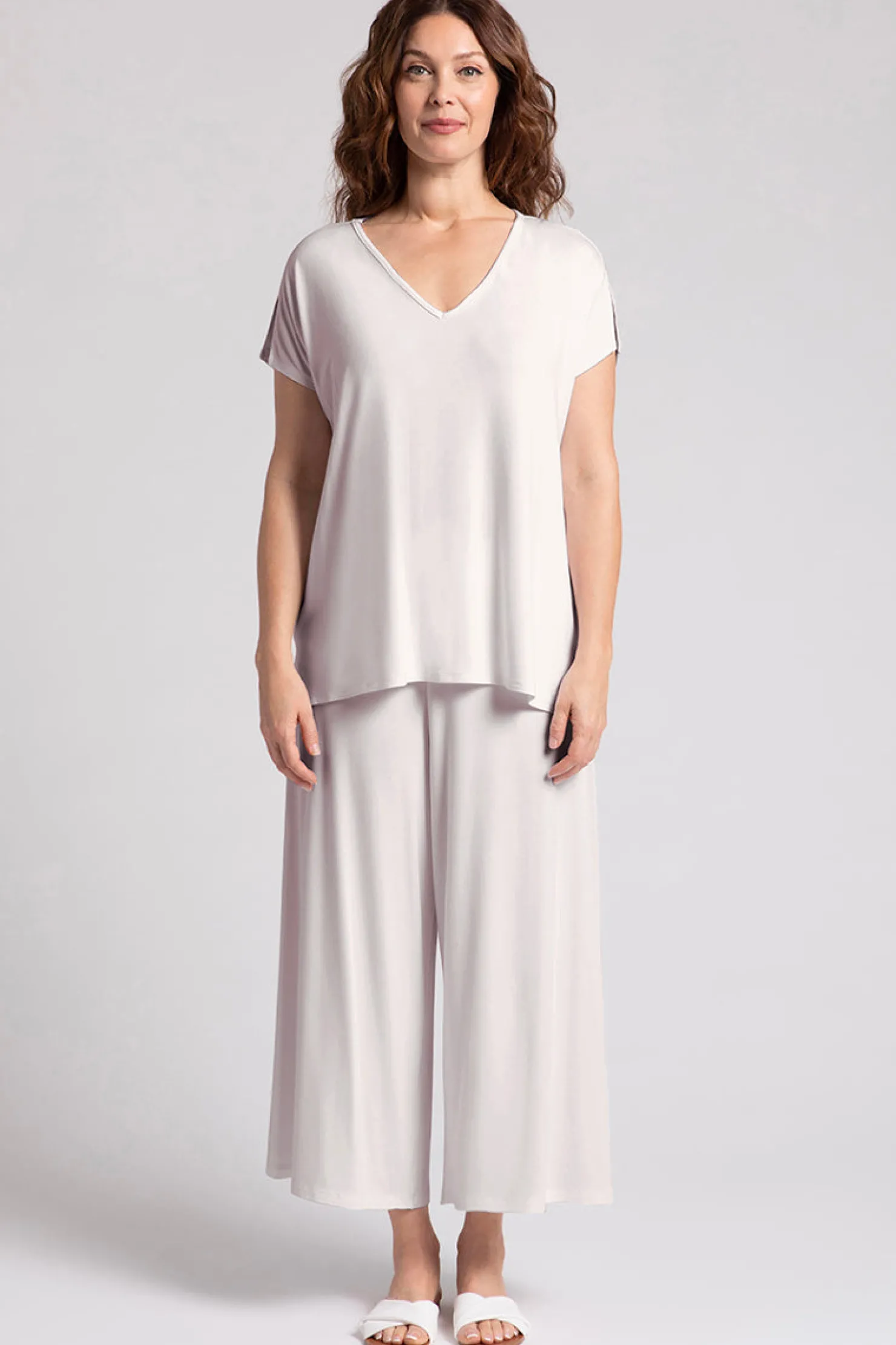 Sympli Tops>Bamboo V-Neck Slit Sleeve Top Cashew