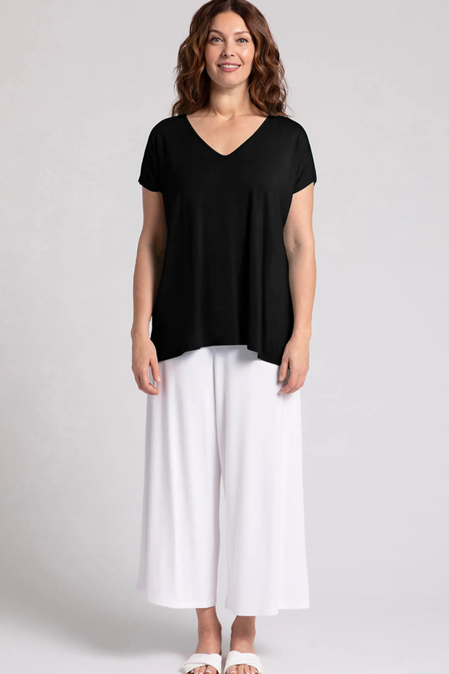 Sympli Tops>Bamboo V-Neck Slit Sleeve Top Black