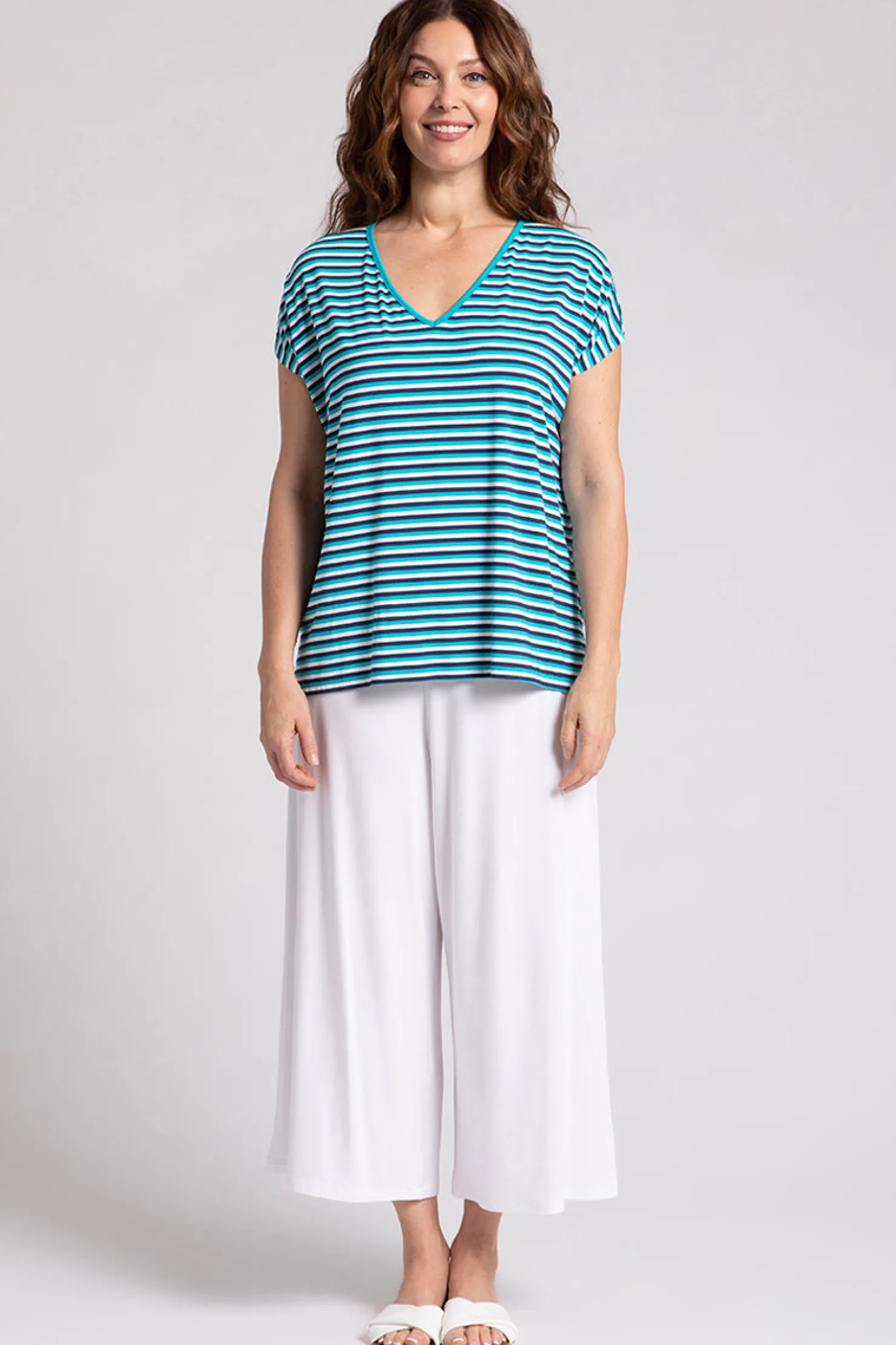Sympli Tops>Bamboo V-Neck Slit Sleeve Top BlueMulti
