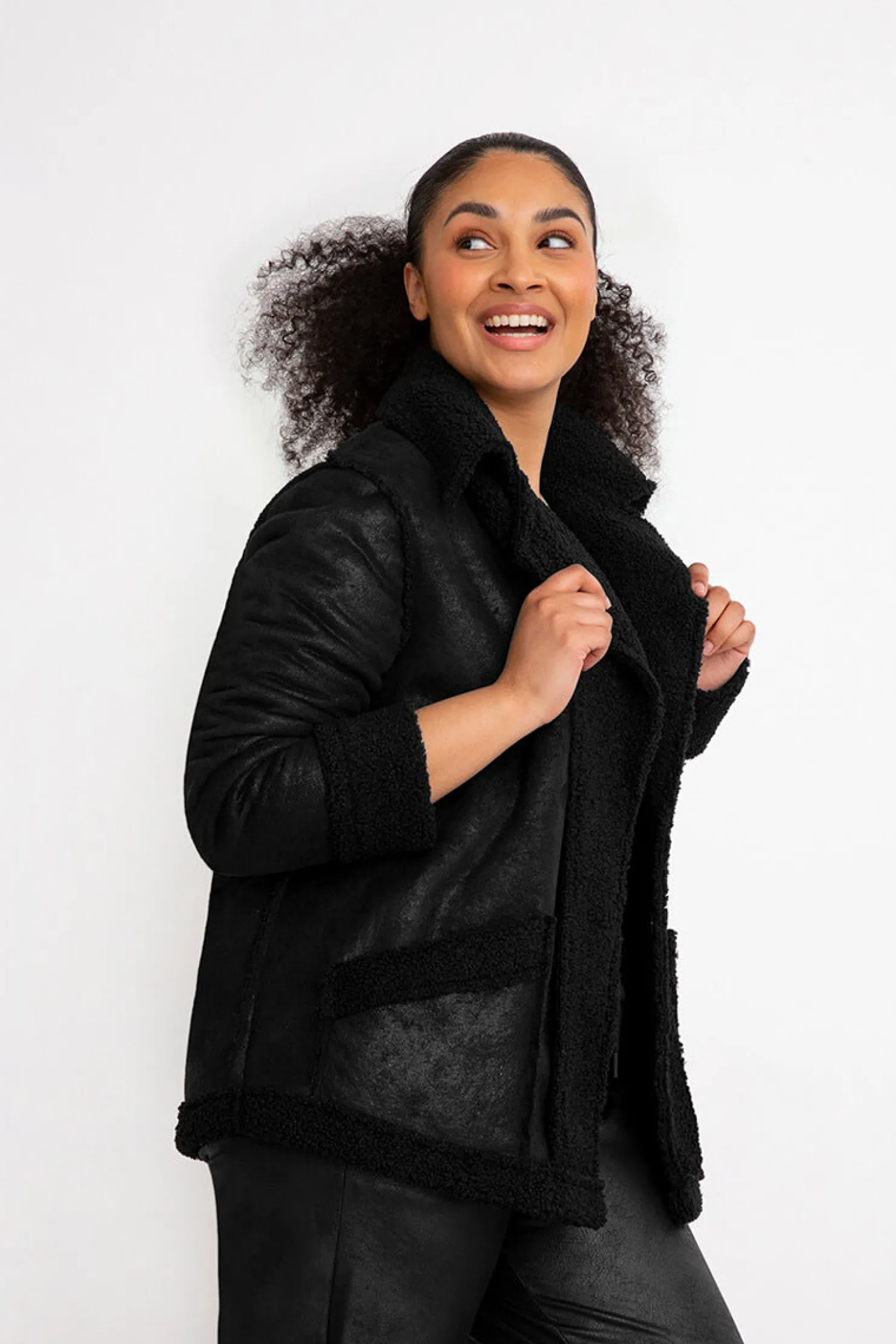 Sympli Jackets & Coats>Boucle Shearling Faux Leather Moto Jacket Black
