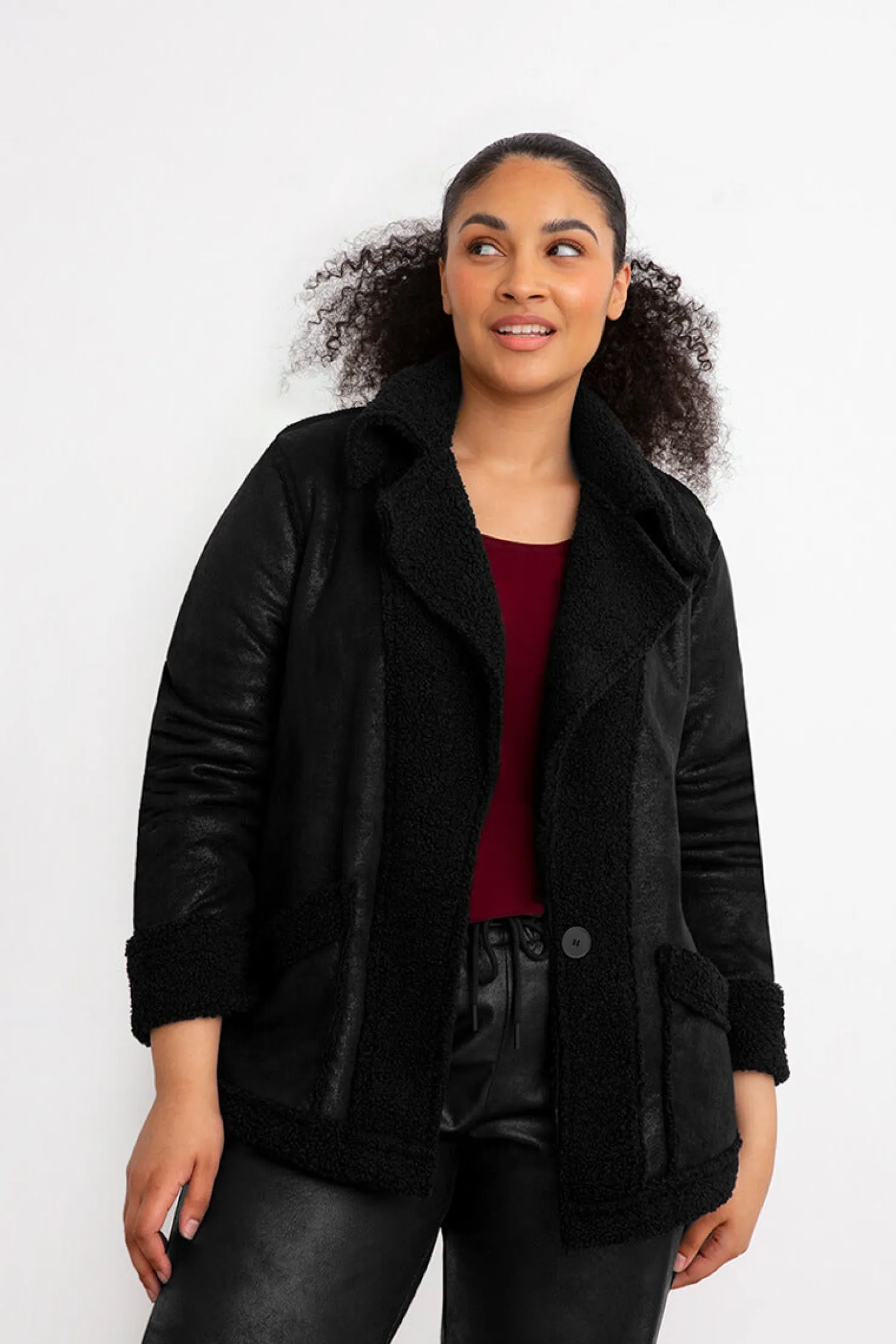 Sympli Jackets & Coats>Boucle Shearling Faux Leather Moto Jacket Black
