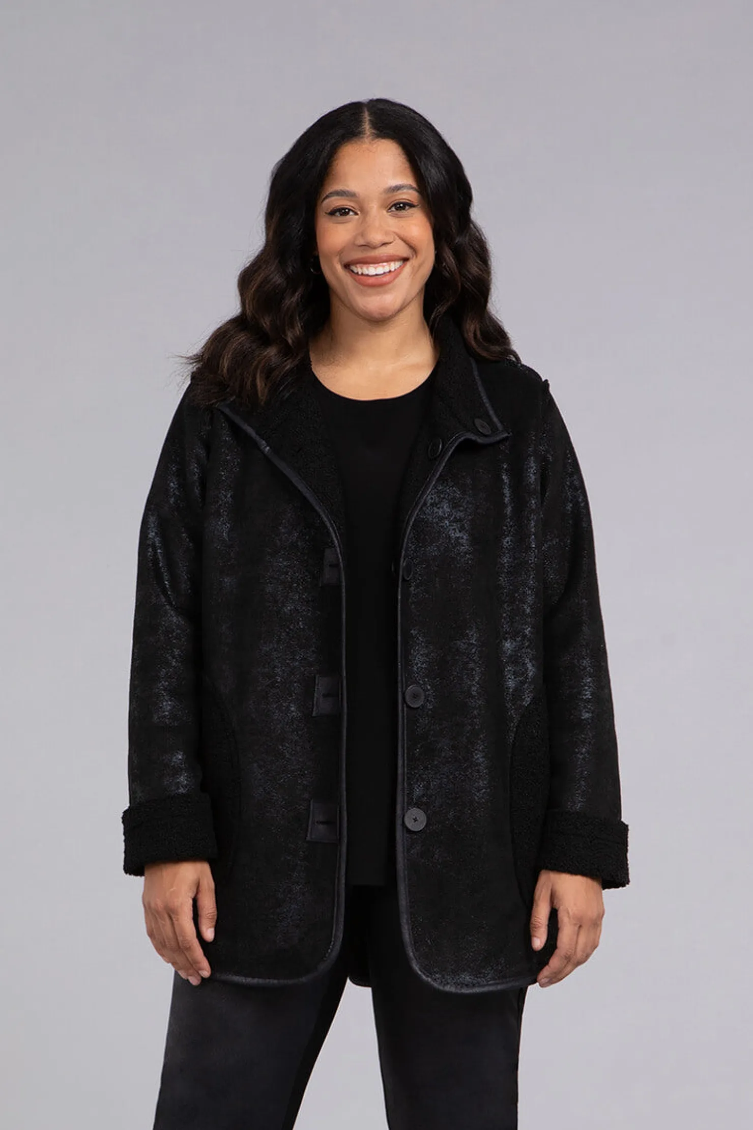 Sympli Jackets & Coats>Boucle Shearling Faux Leather Shirt Jacket Black