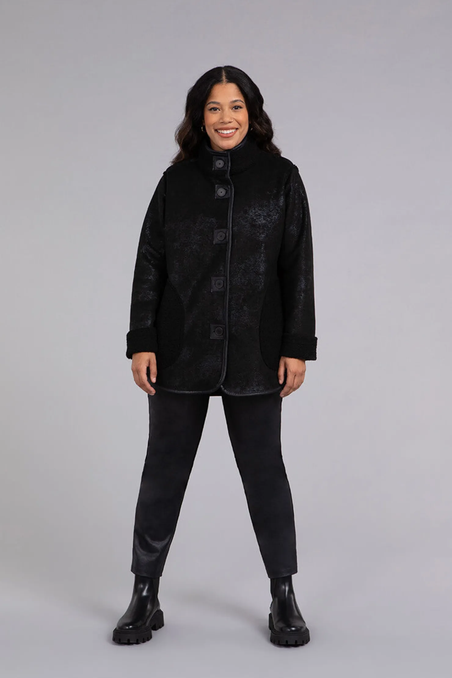 Sympli Jackets & Coats>Boucle Shearling Faux Leather Shirt Jacket Black