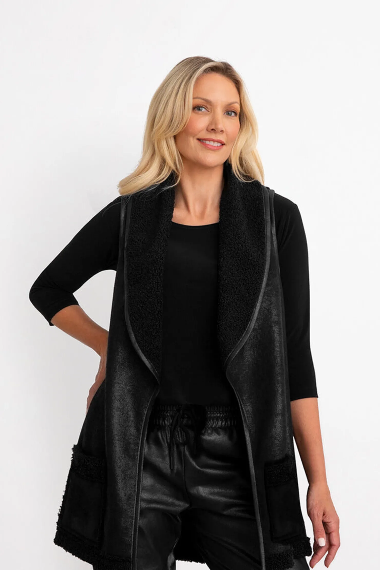 Sympli Jackets & Coats>Boucle Shearling Faux Leather Vest Black