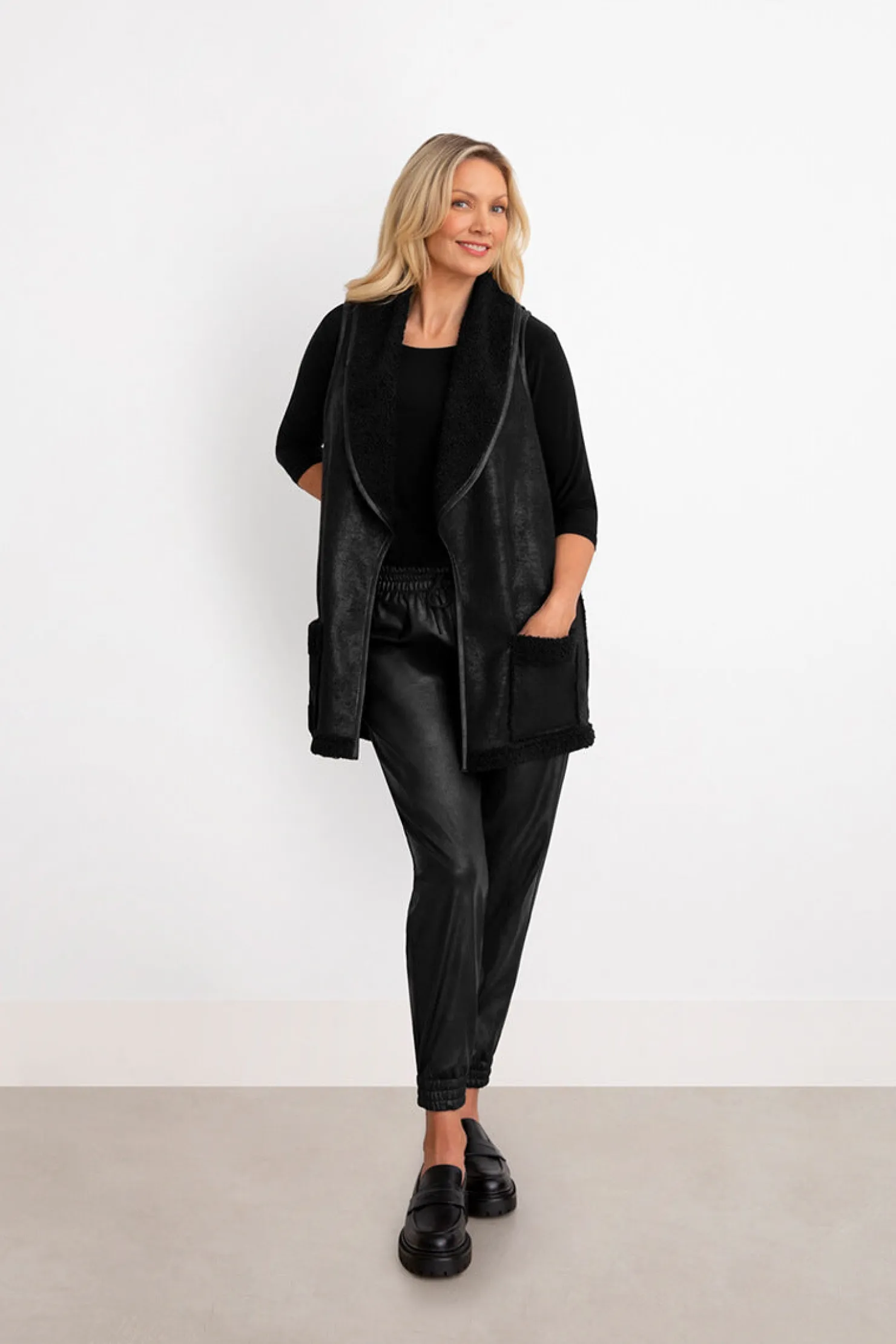 Sympli Jackets & Coats>Boucle Shearling Faux Leather Vest Black