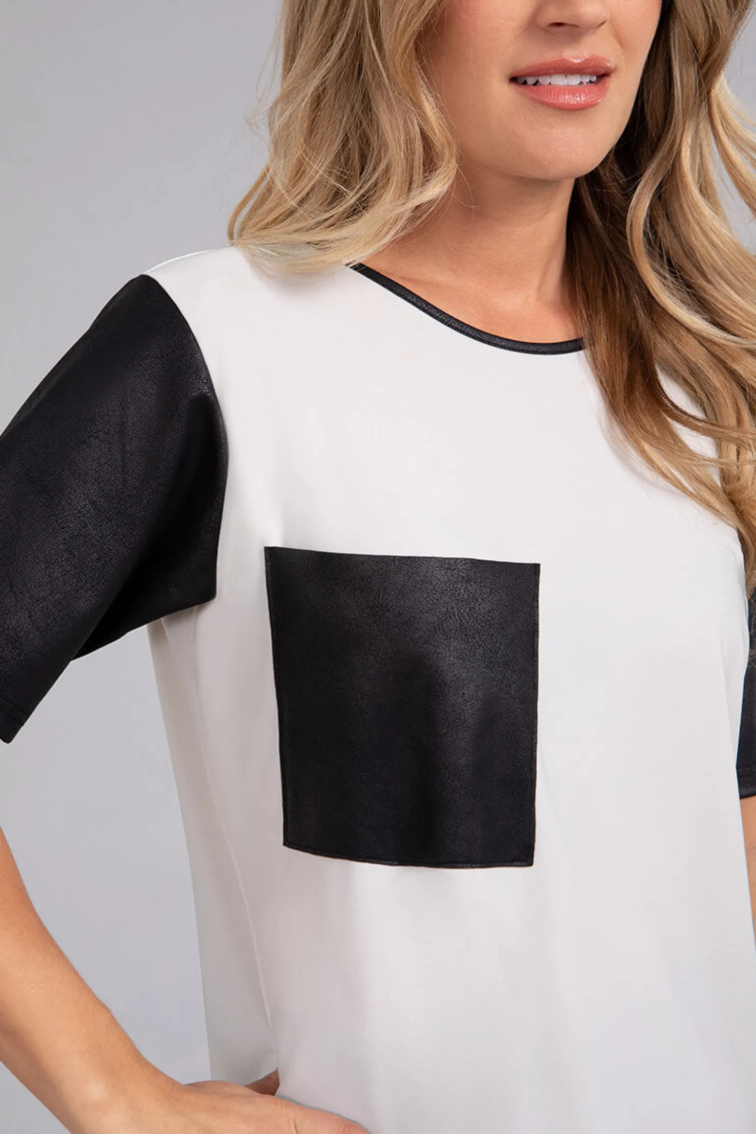 Sympli Tops>Boxy T with Faux Leather Ivory