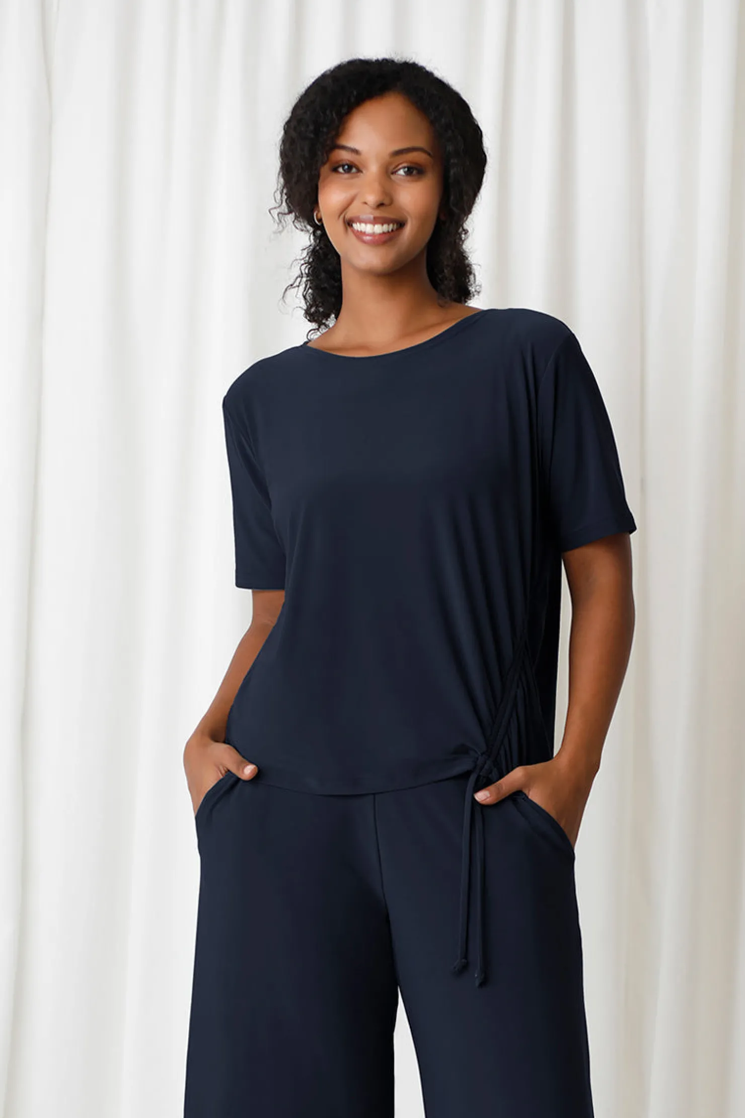 Sympli Tops>Boxy Tie Top Navy