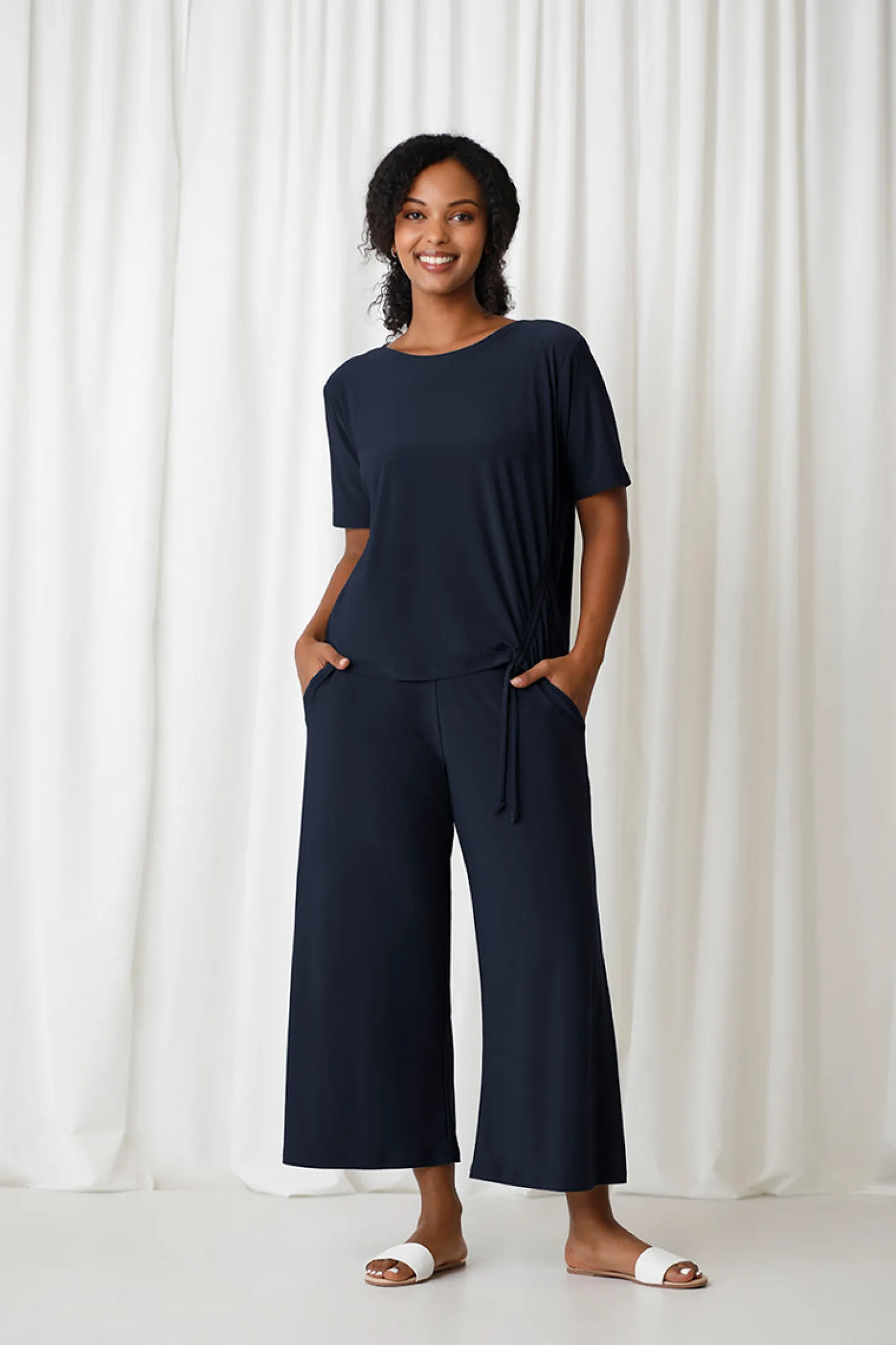Sympli Tops>Boxy Tie Top Navy
