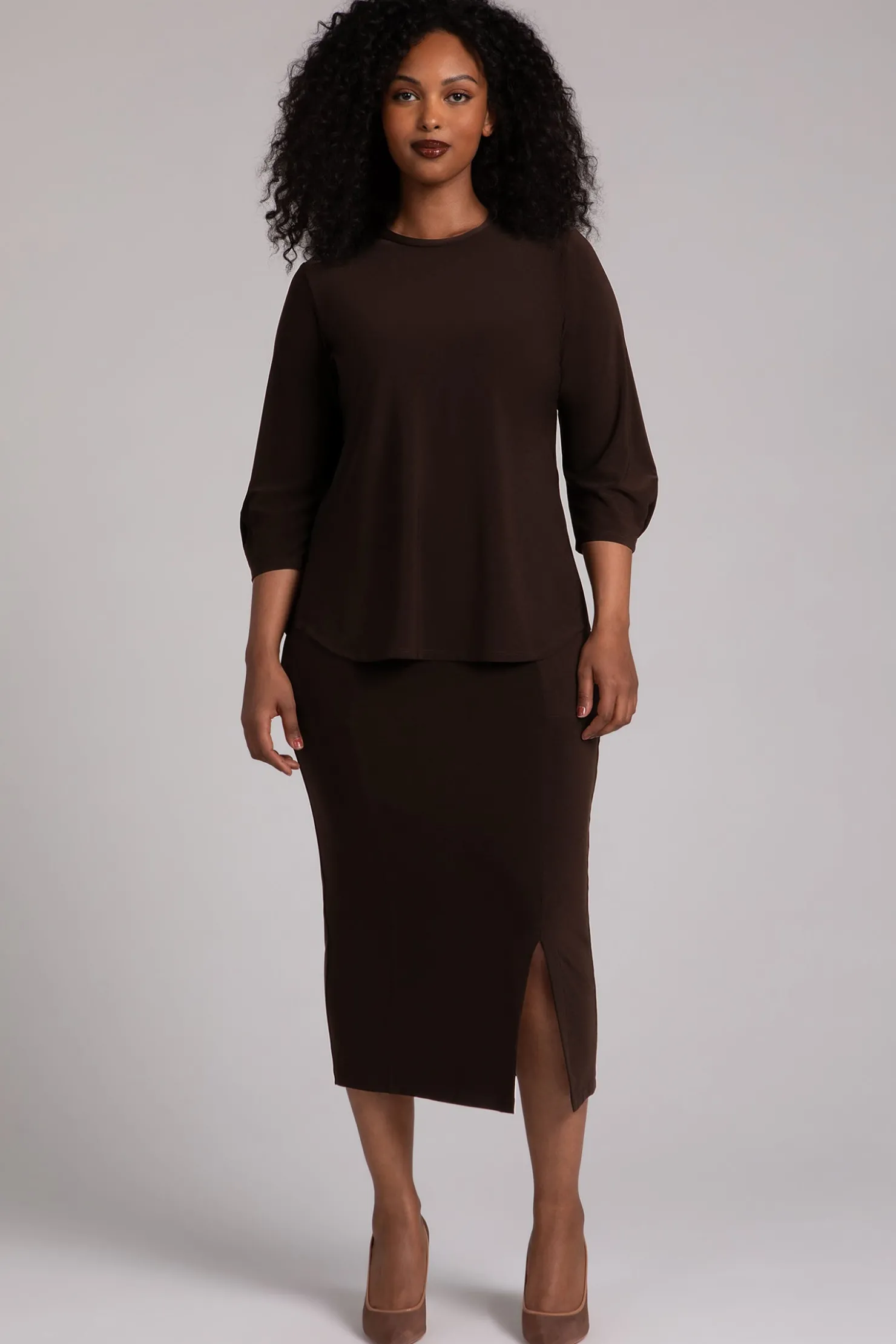 Sympli Tops>Classic Fit Lantern Top Chocolate
