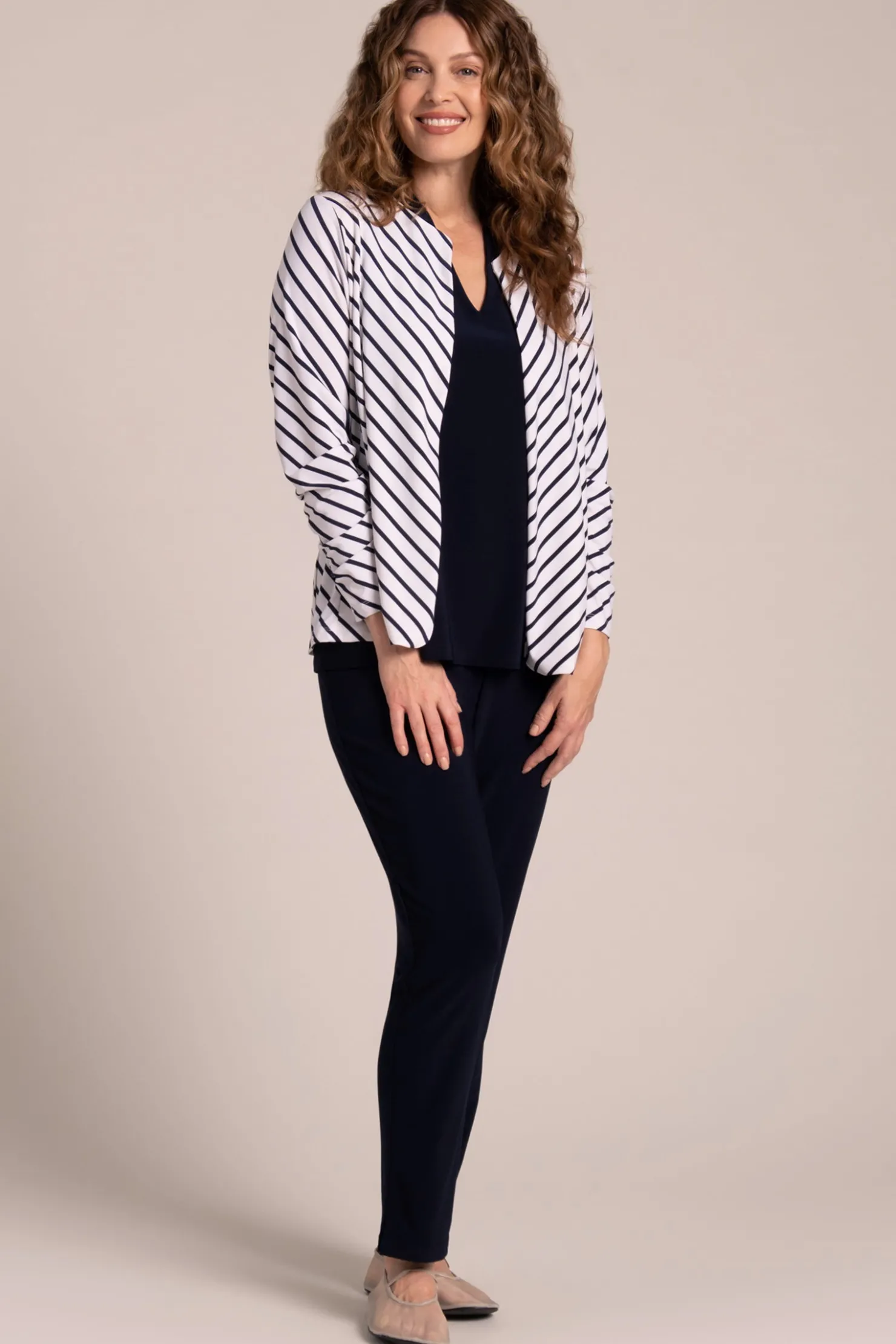 Sympli Sweaters & Cardigans>Classic Jacket with Pleated Sleeves NavyStripe