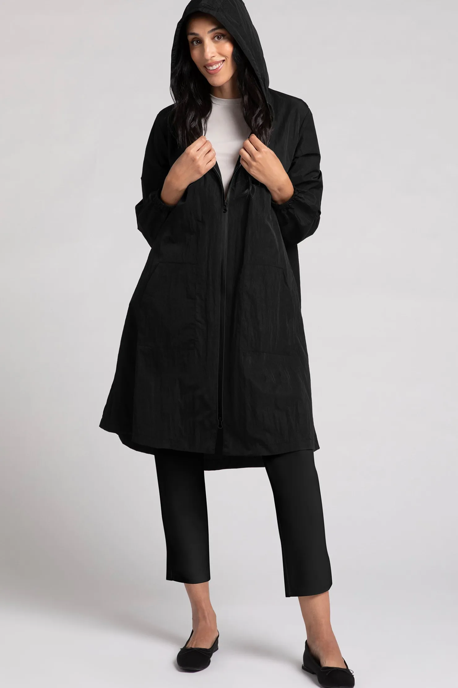 Sympli Jackets & Coats>Convoy Zip Front Hooded Rain Jacket Black