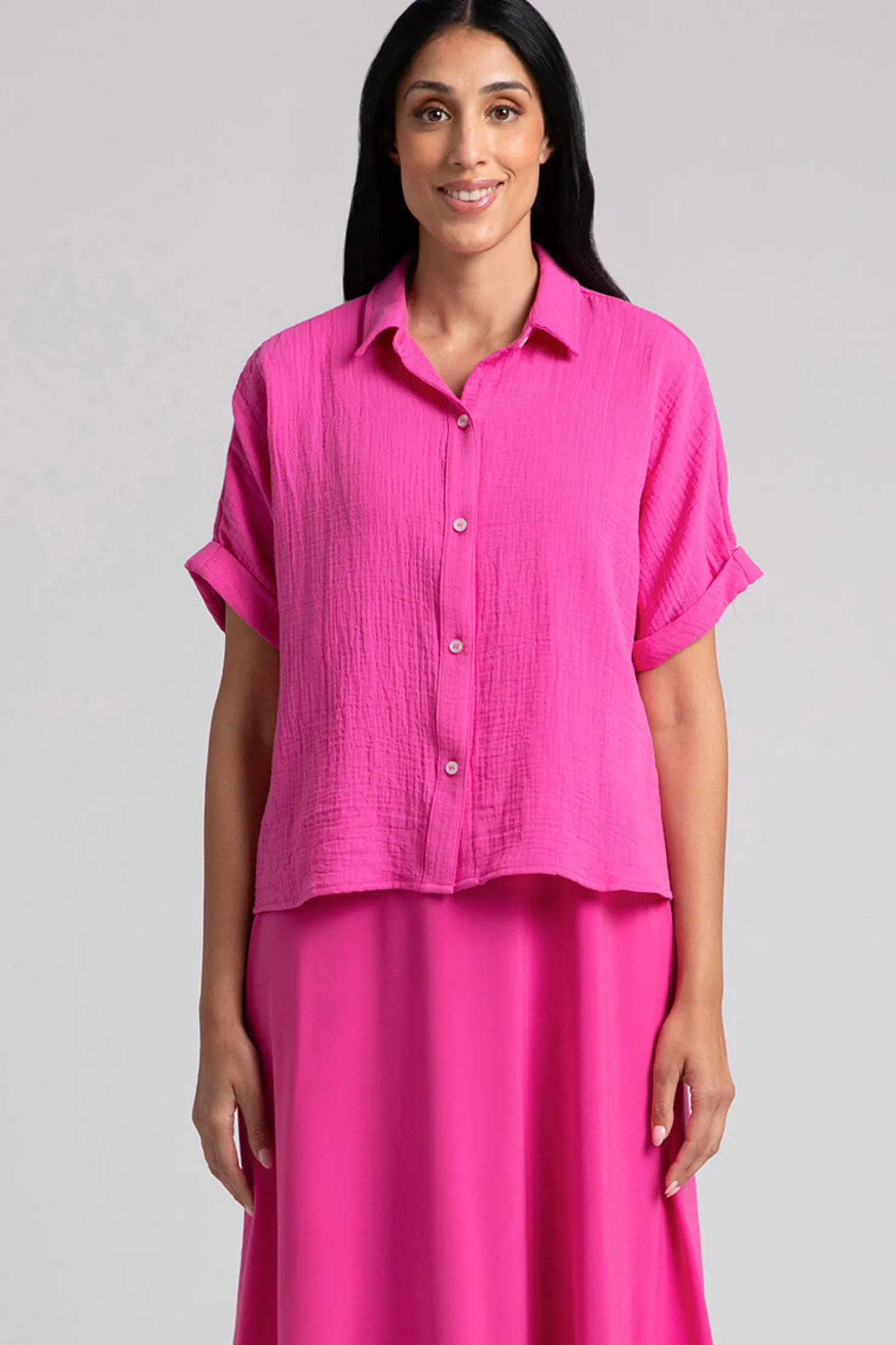 Sympli Tops>Cotton Gauze Half Sleeve Bolero Shirt Peony