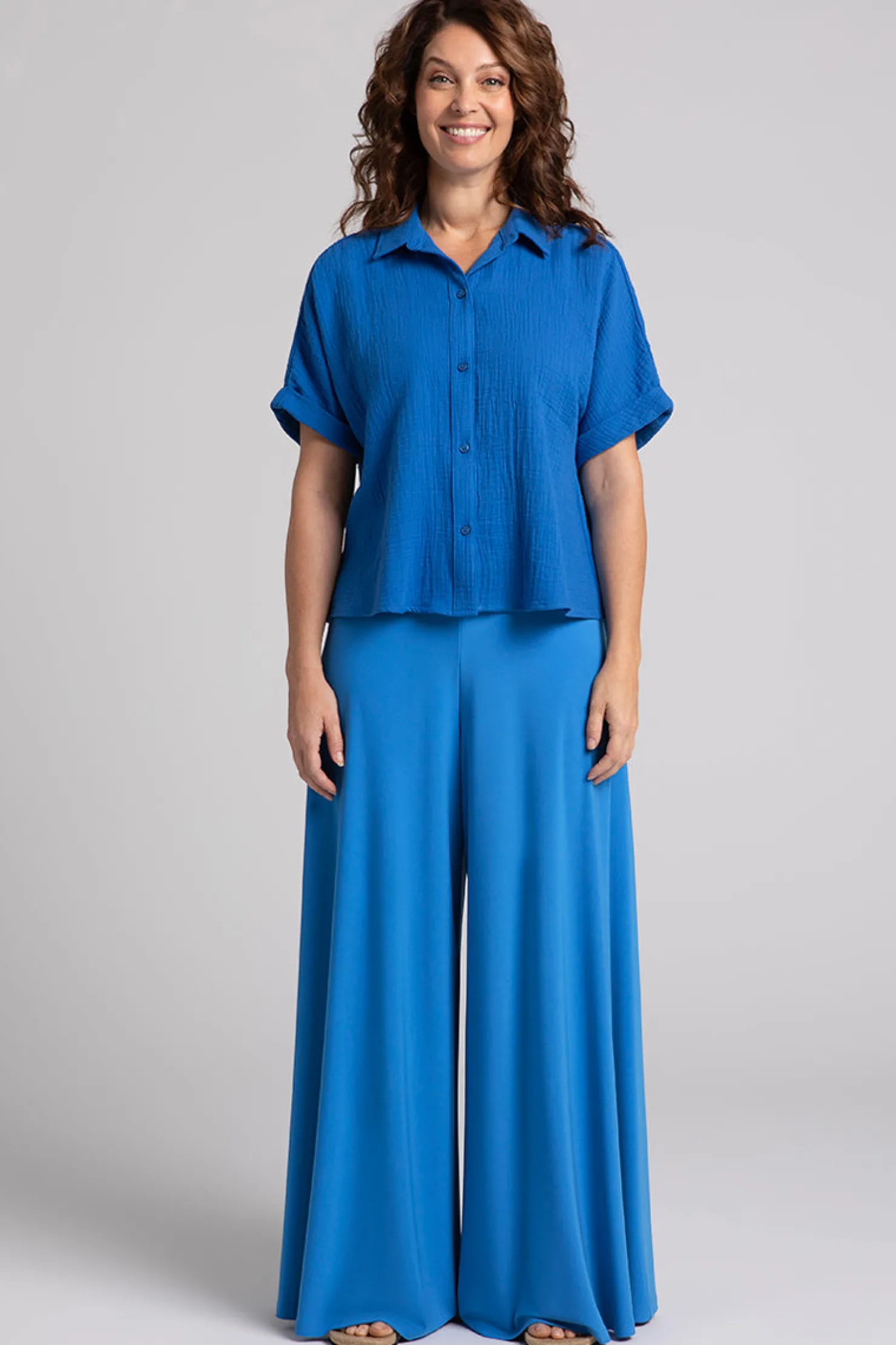 Sympli Tops>Cotton Gauze Half Sleeve Bolero Shirt Marine