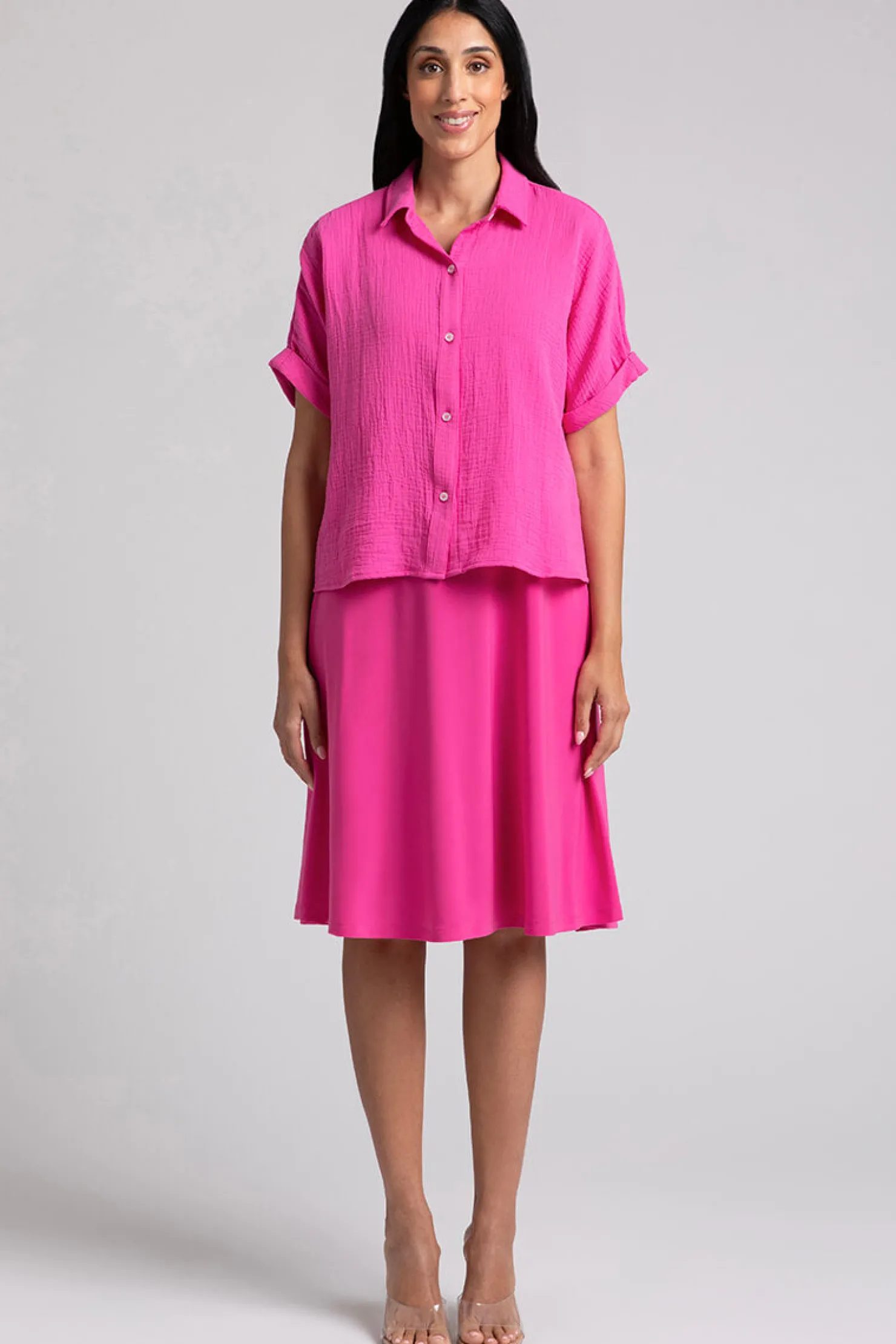 Sympli Tops>Cotton Gauze Half Sleeve Bolero Shirt Peony