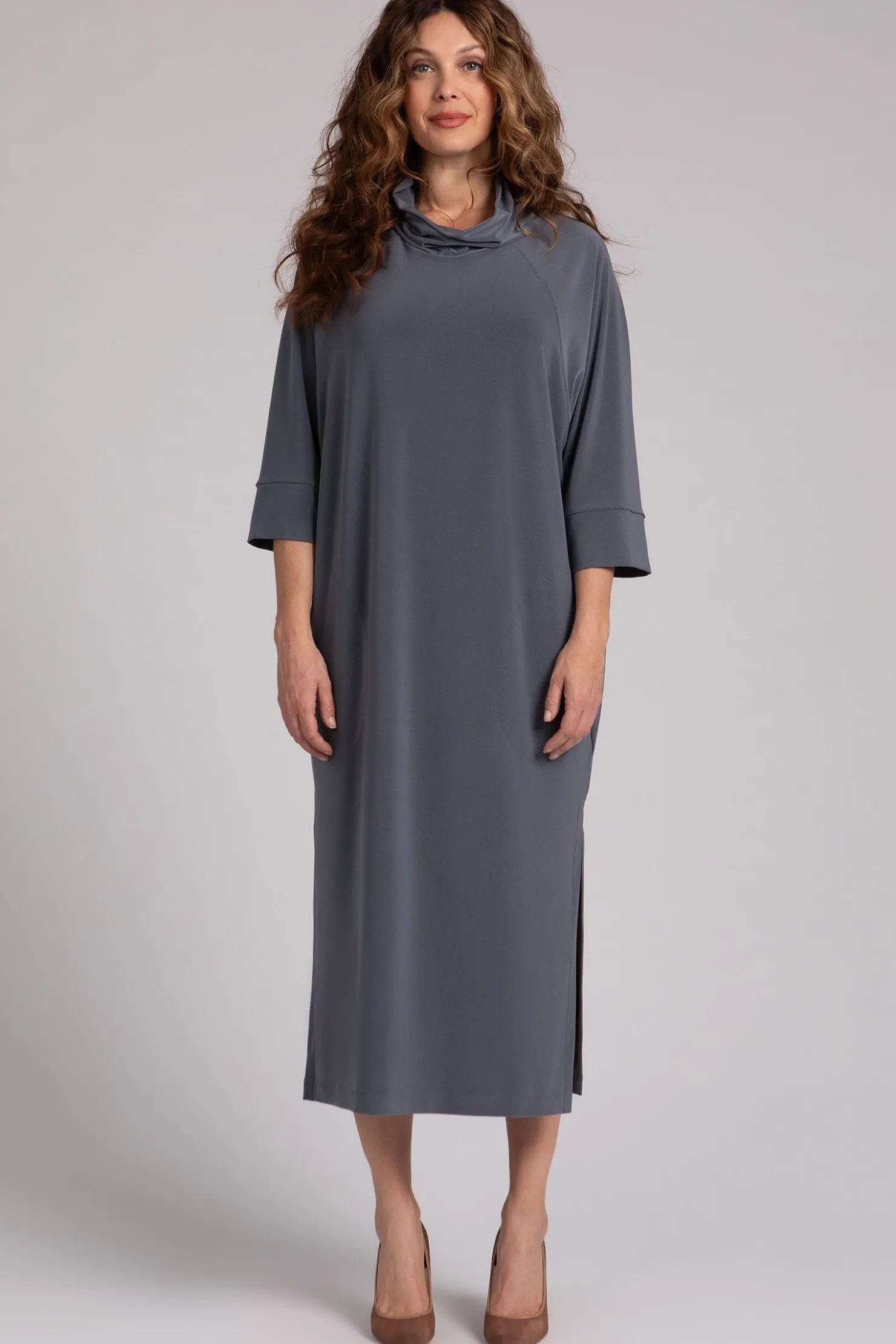 Sympli Dresses>Cozy Raglan Funnel Neck Dress MelangeGunmetal