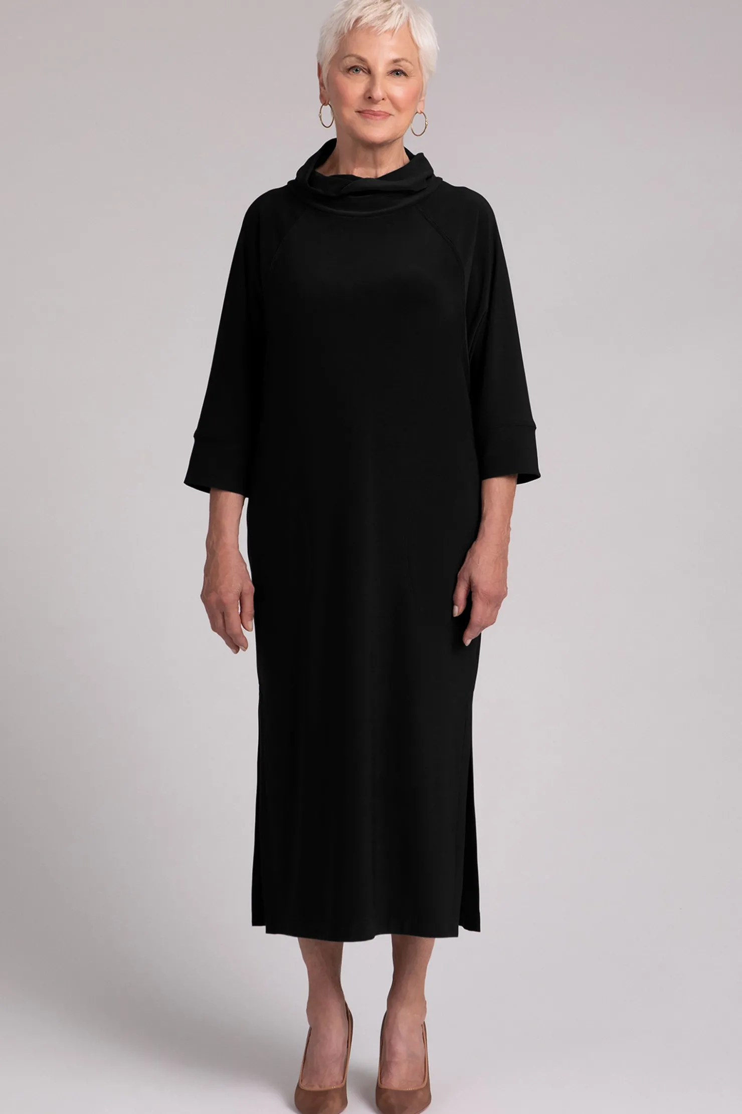 Sympli Dresses>Cozy Raglan Funnel Neck Dress Black