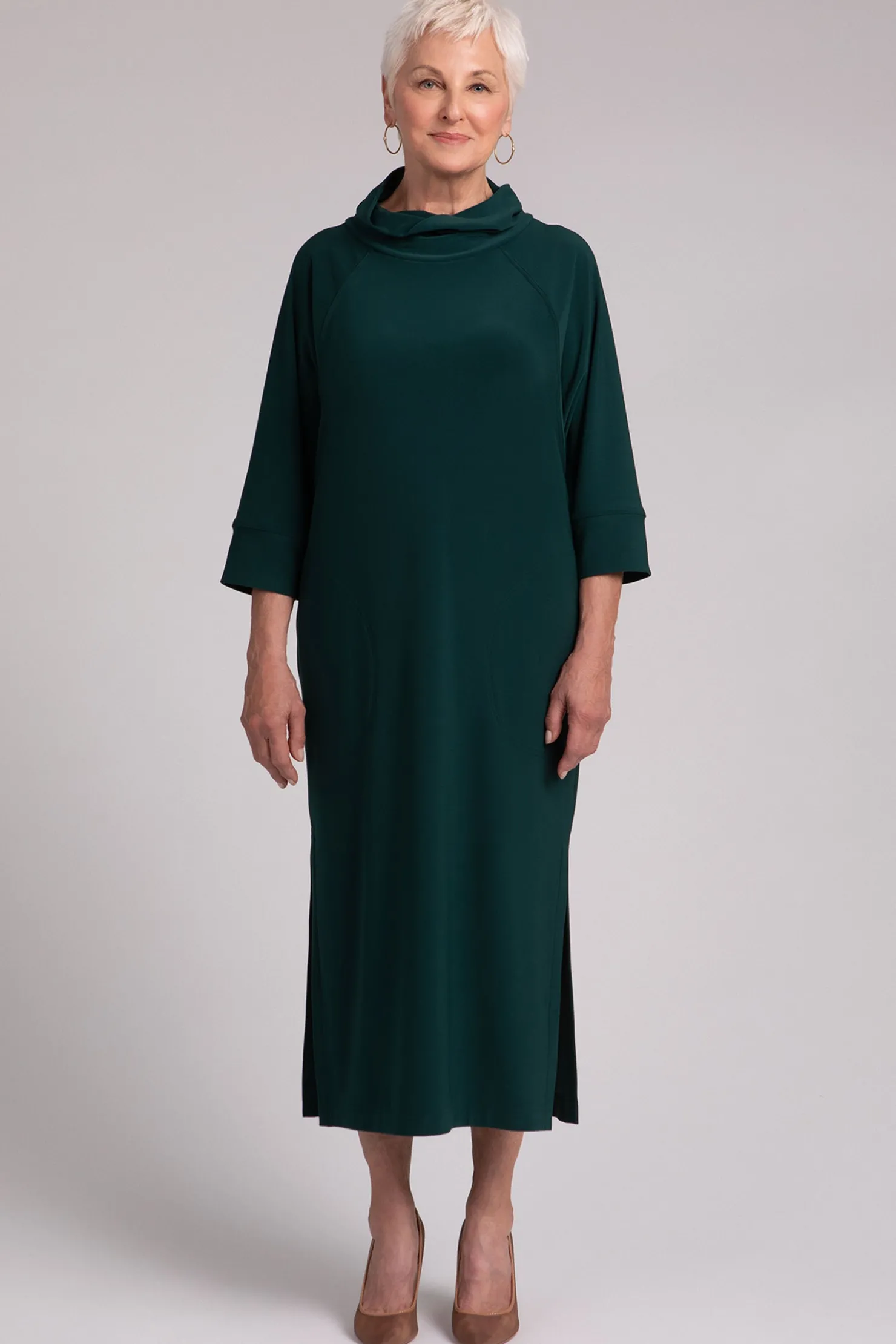 Sympli Dresses>Cozy Raglan Funnel Neck Dress Evergreen