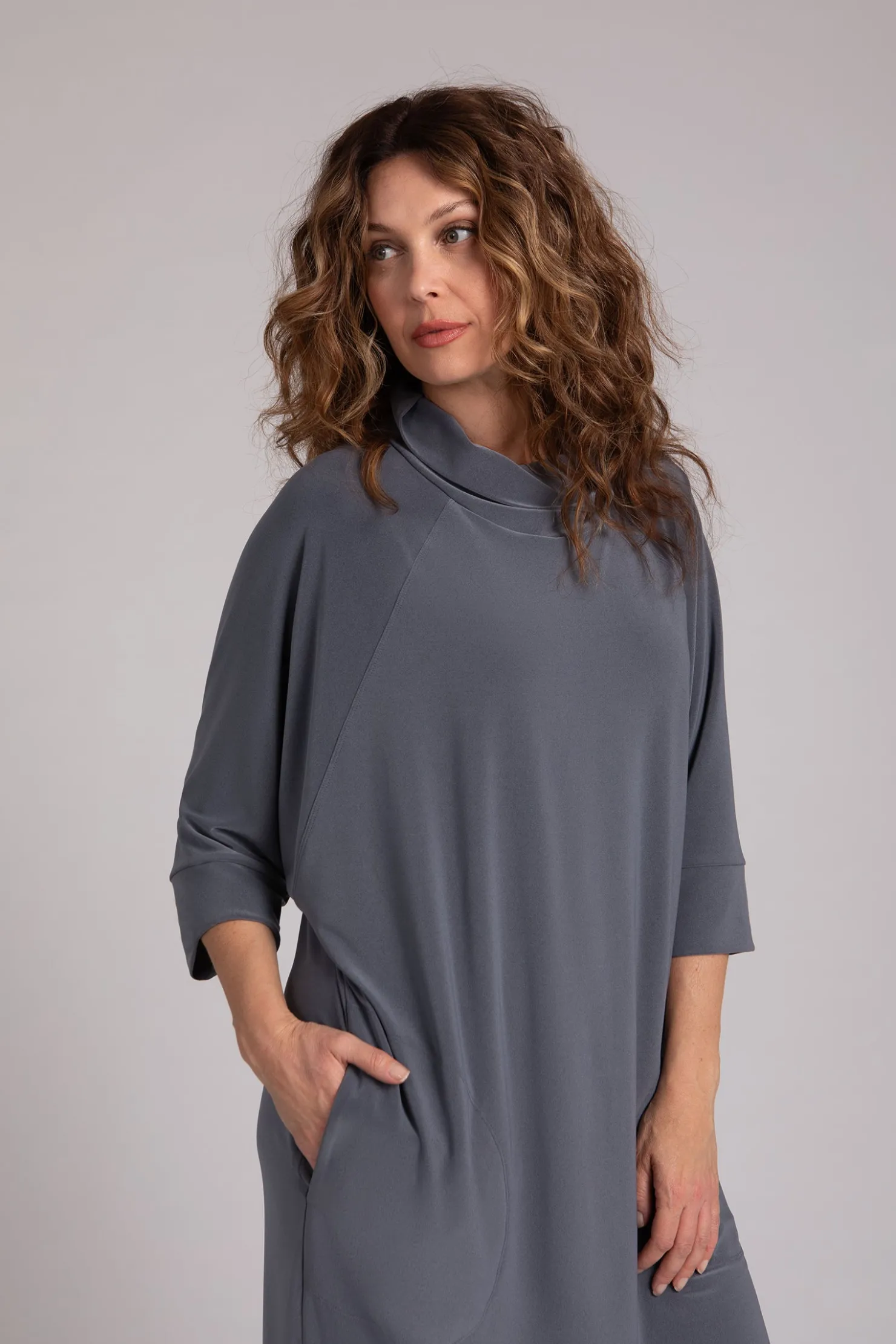 Sympli Dresses>Cozy Raglan Funnel Neck Dress MelangeGunmetal