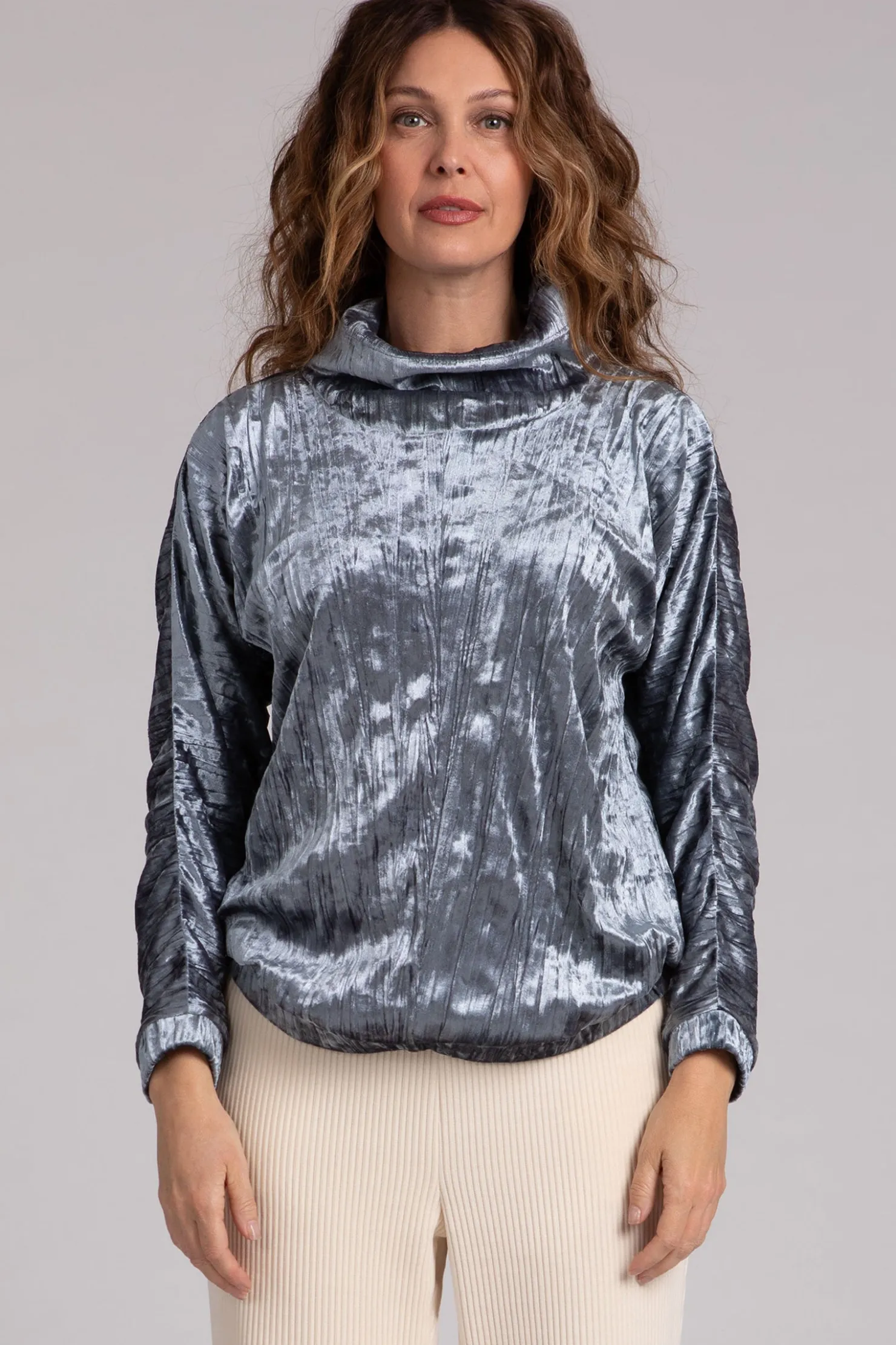 Sympli Tops>Crinkle Velvet Funnel Neck Top Gunmetal